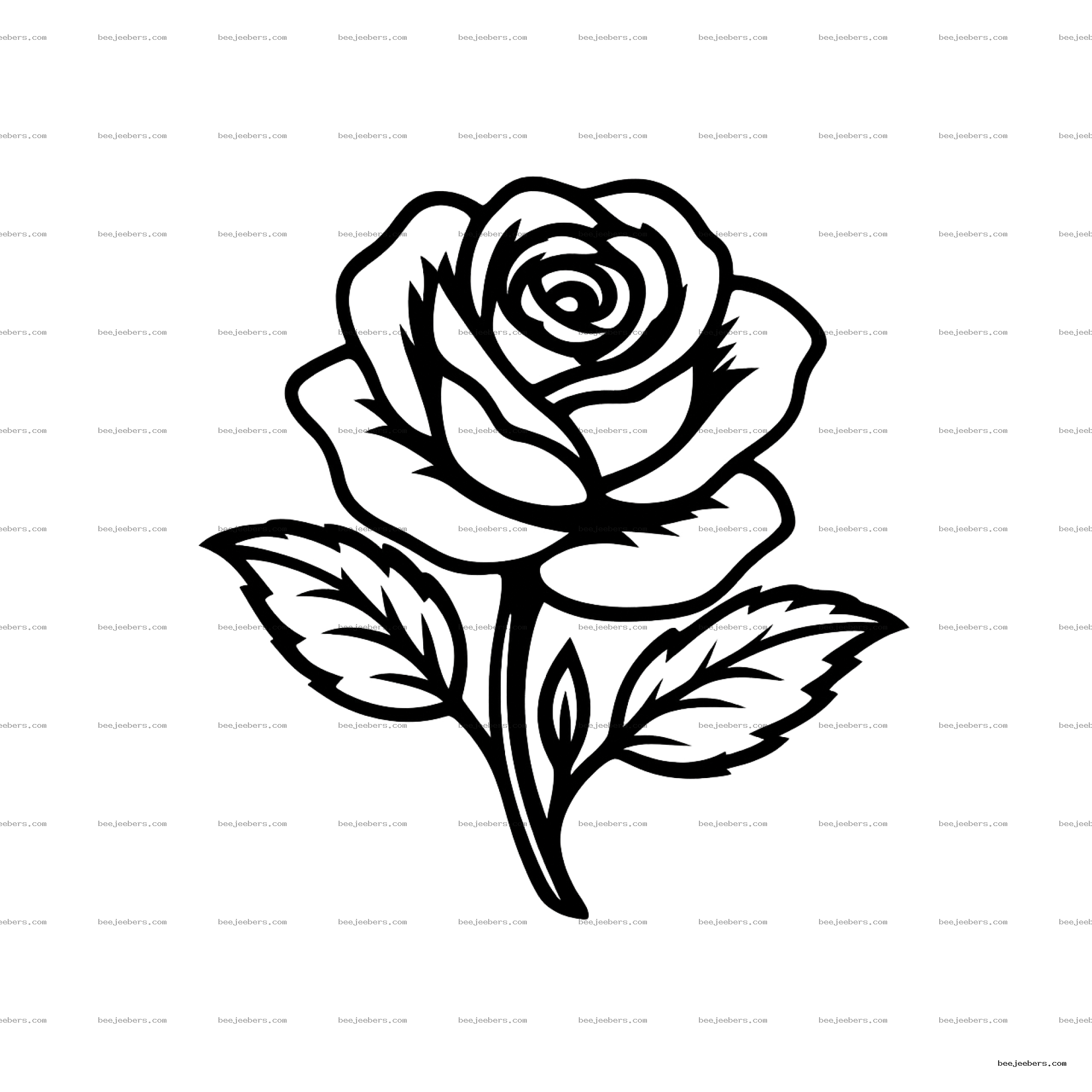 Black and white transparent PNG of a rose with detailed leaves and petals in clean vector style