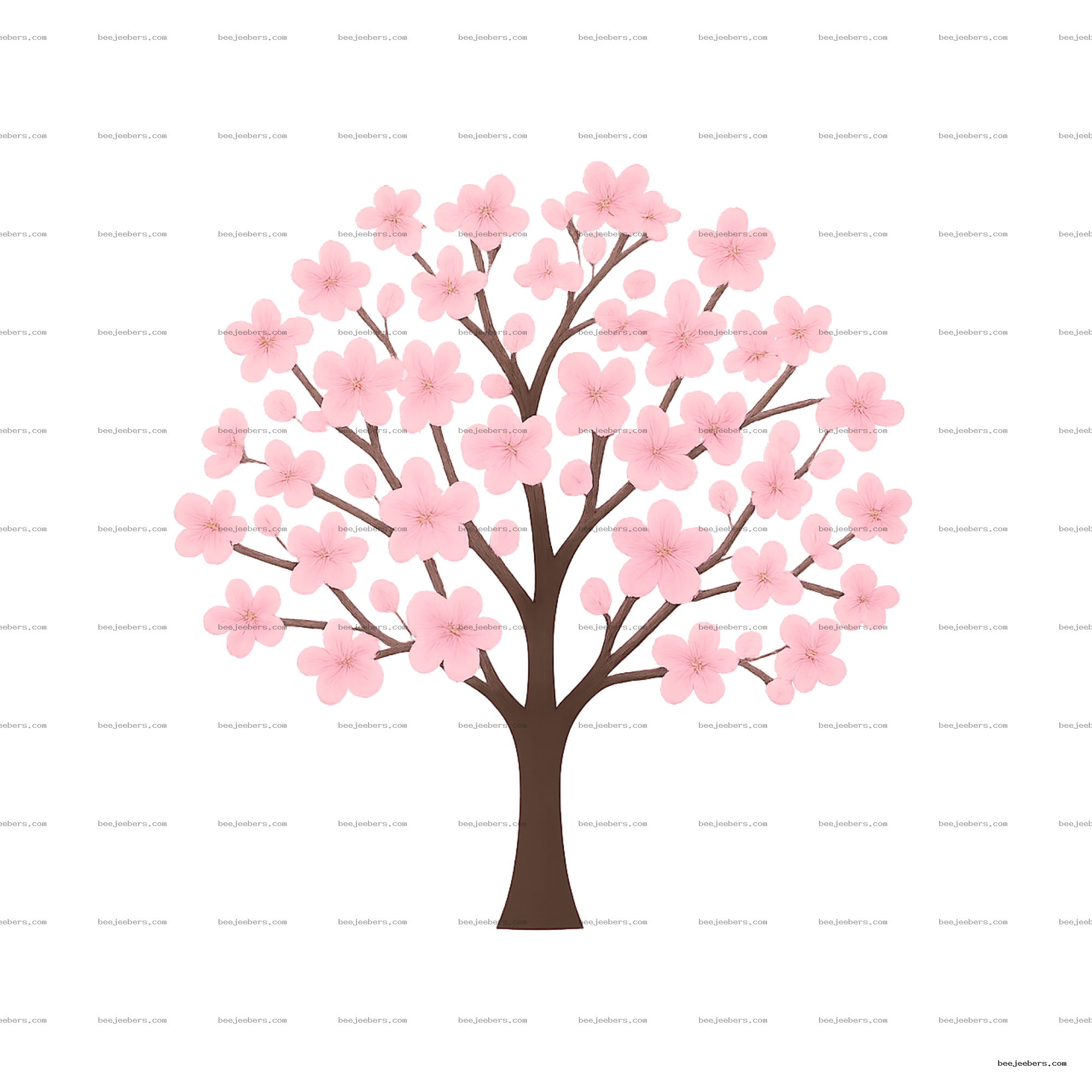 Vector clipart of cherry blossom tree branch with pink flowers on transparent background
