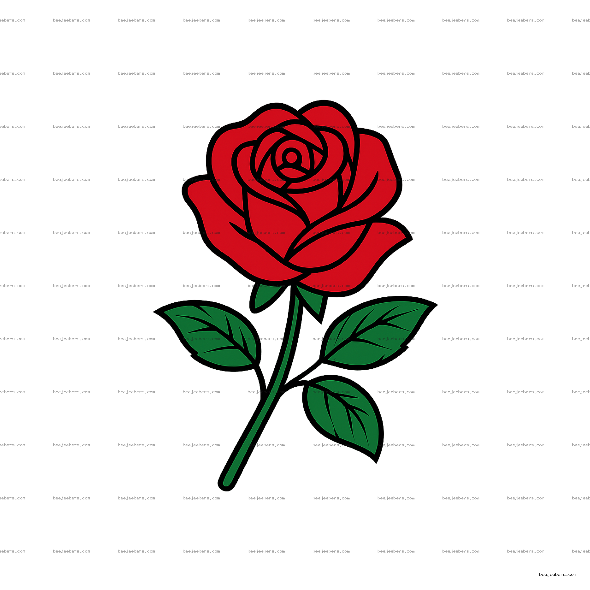 Clean vector illustration of a red rose with green leaves and stem on a transparent background
