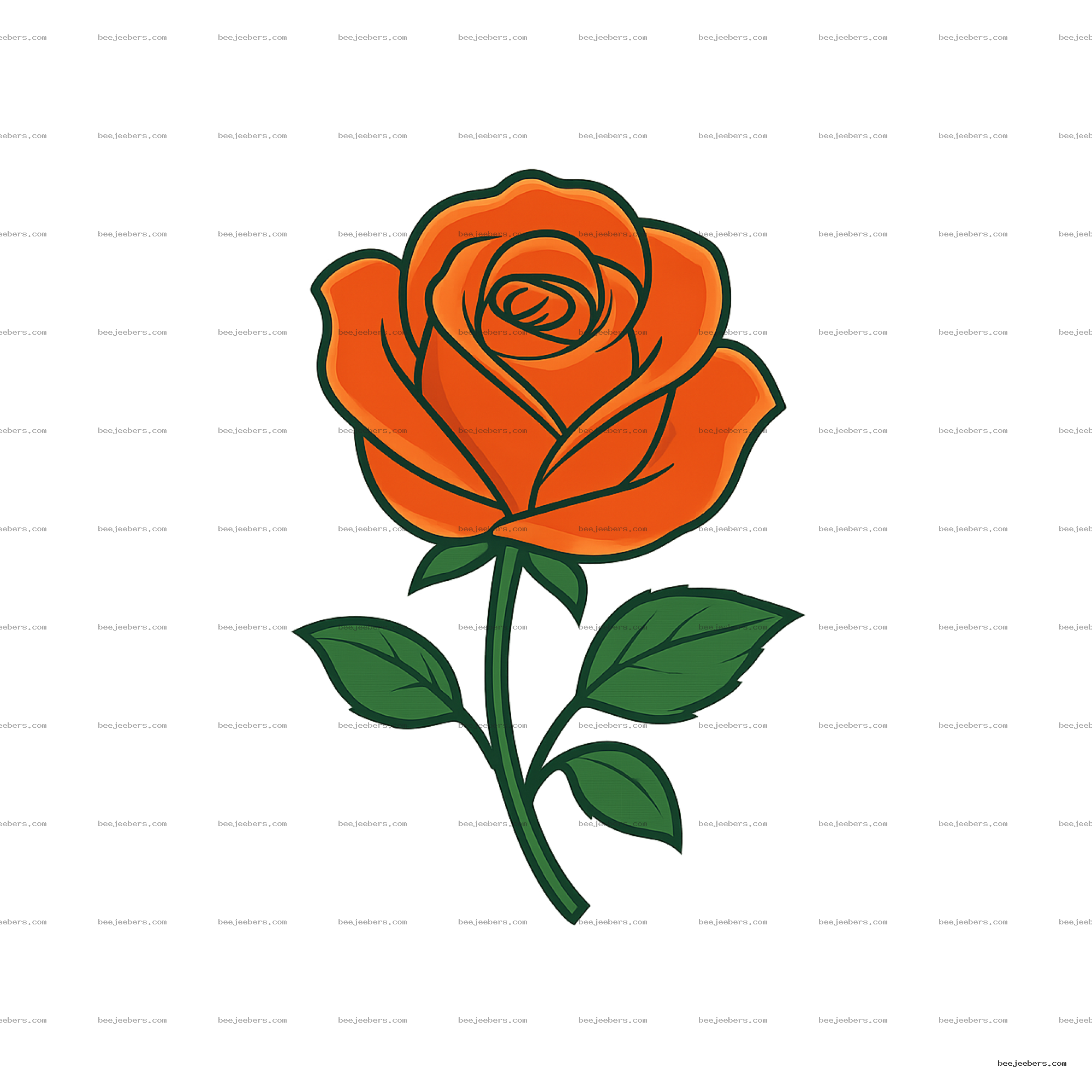 Vector illustration of a clean orange rose with green leaves on transparent background