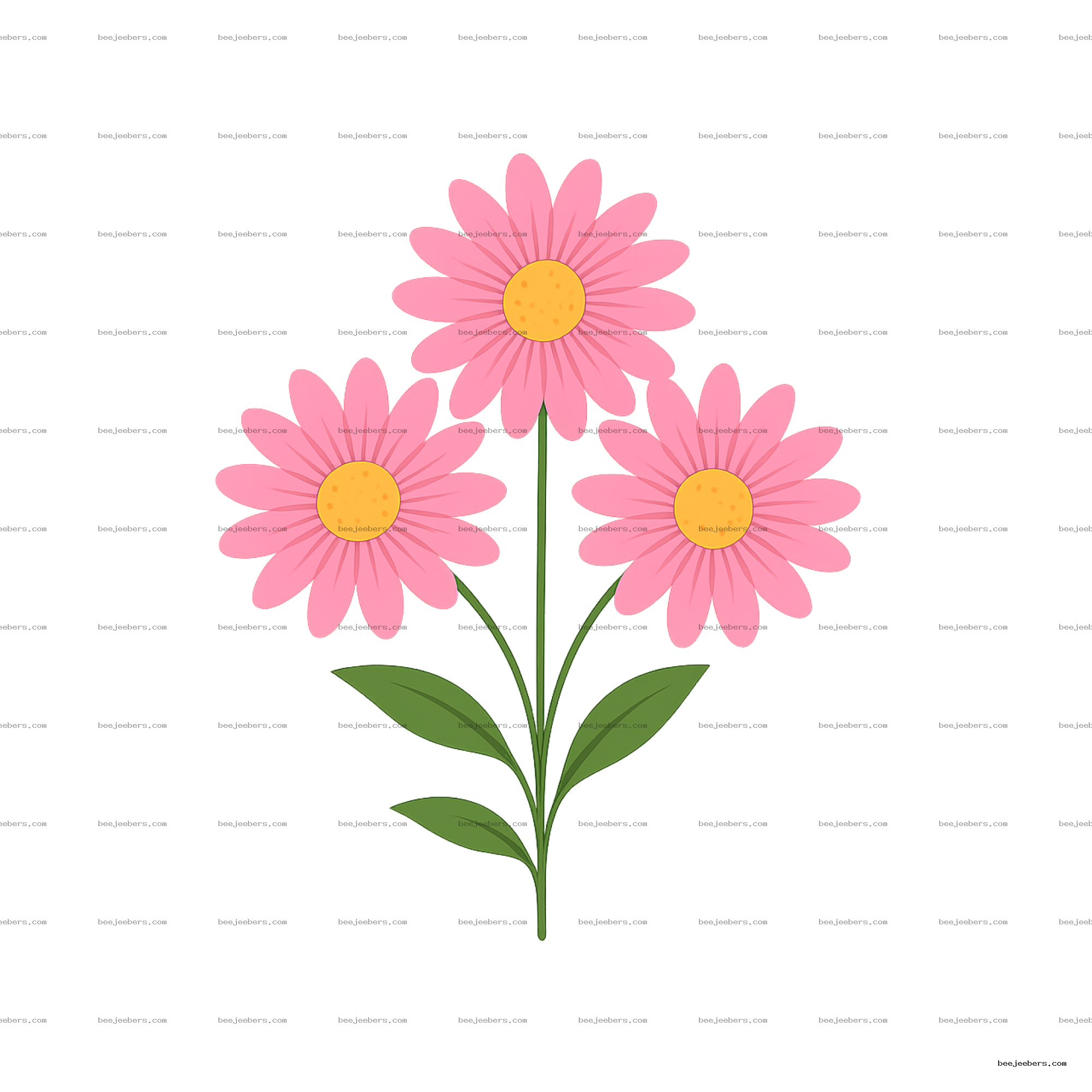 Clean vector illustration of three pink daisies with yellow centers on green stems with transparent background