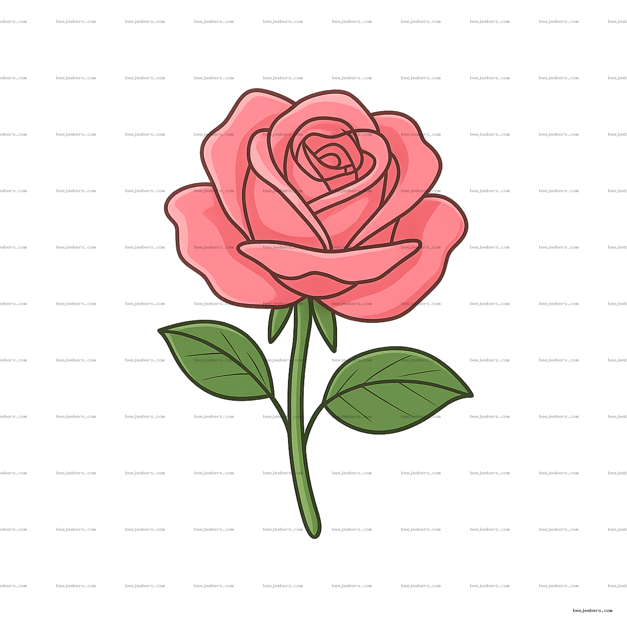 Clean vector illustration of a pink rose with green stem and leaves on a transparent background