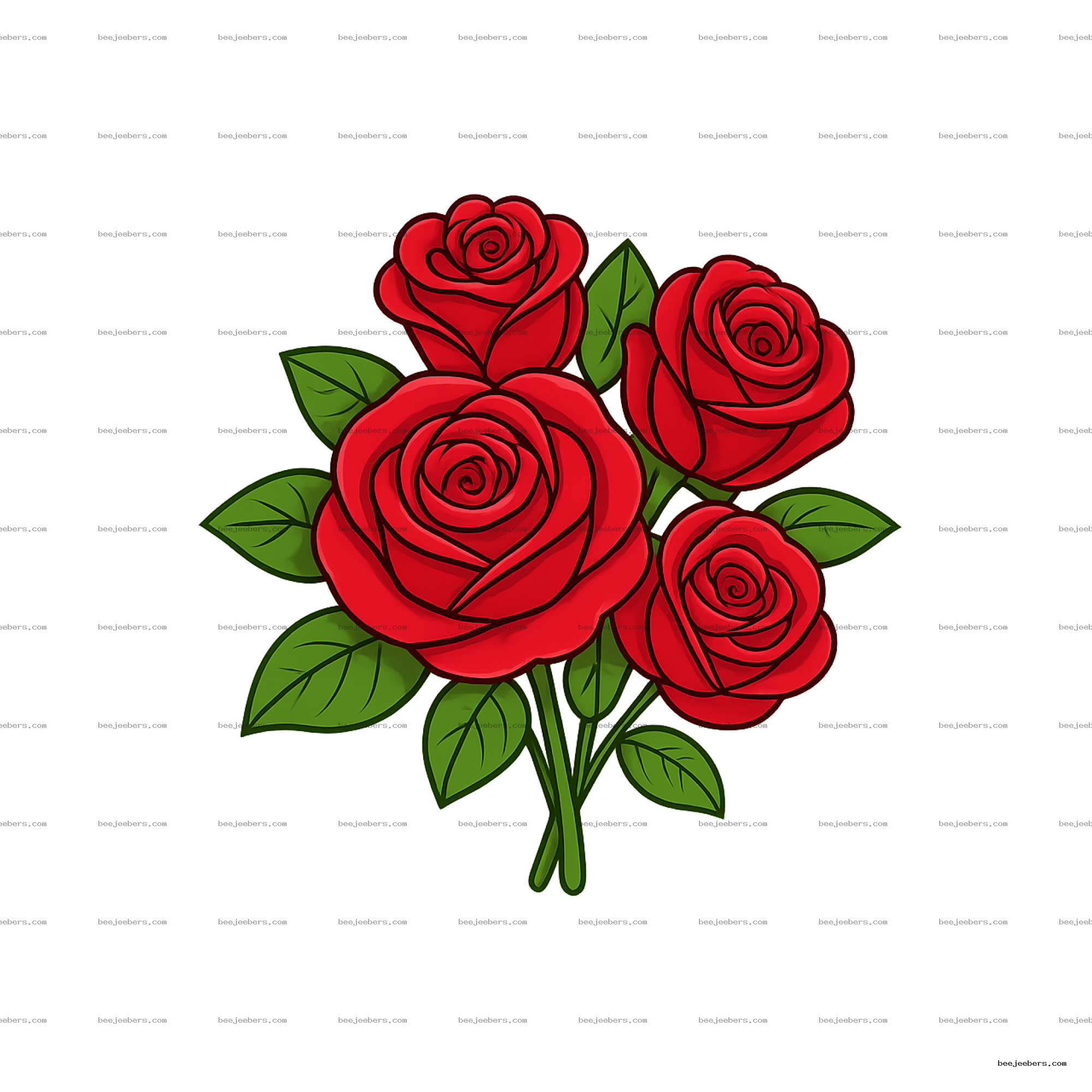 Clean vector red rose bouquet PNG with green leaves on transparent background