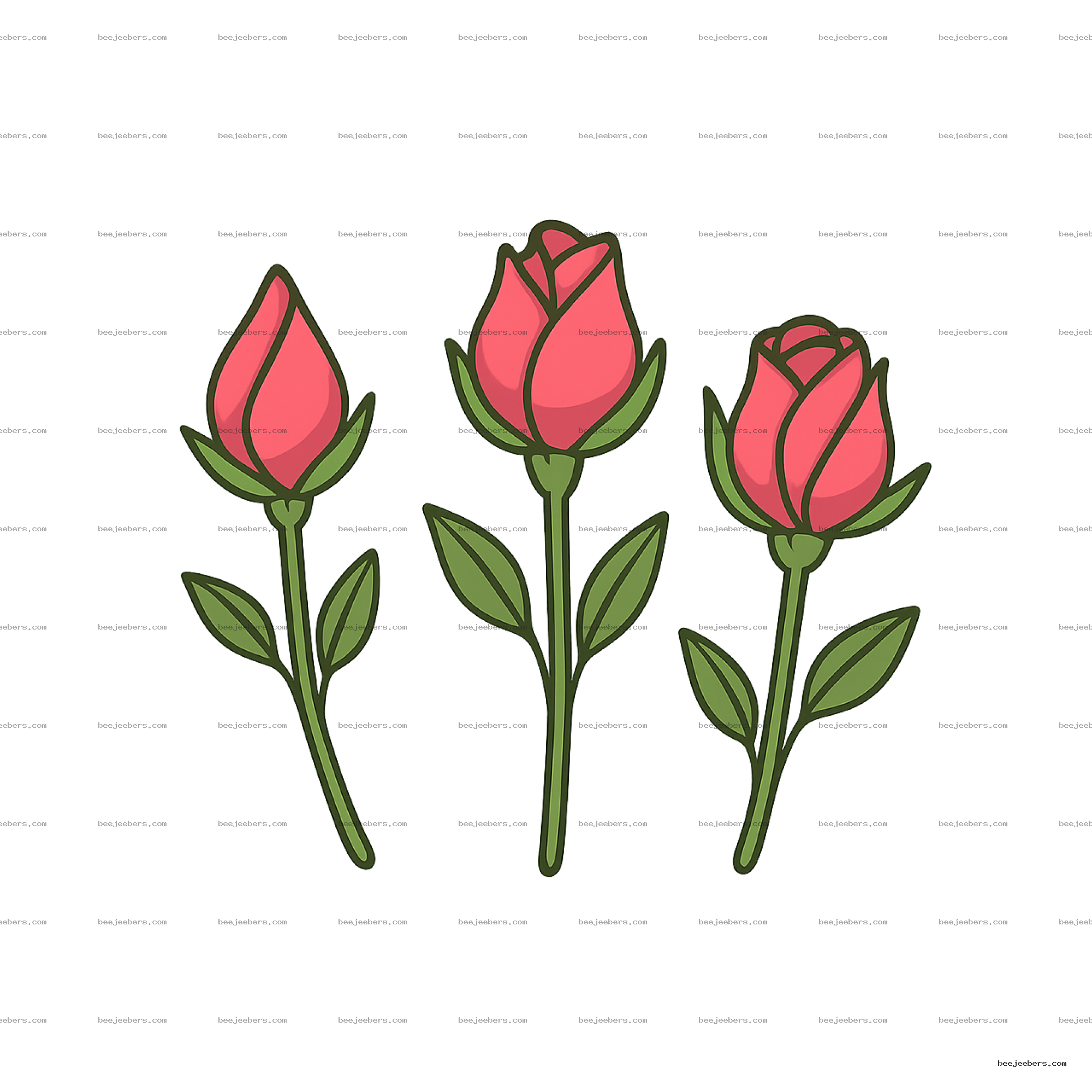 Clean vector illustration of three pink rose buds with green stems on transparent background
