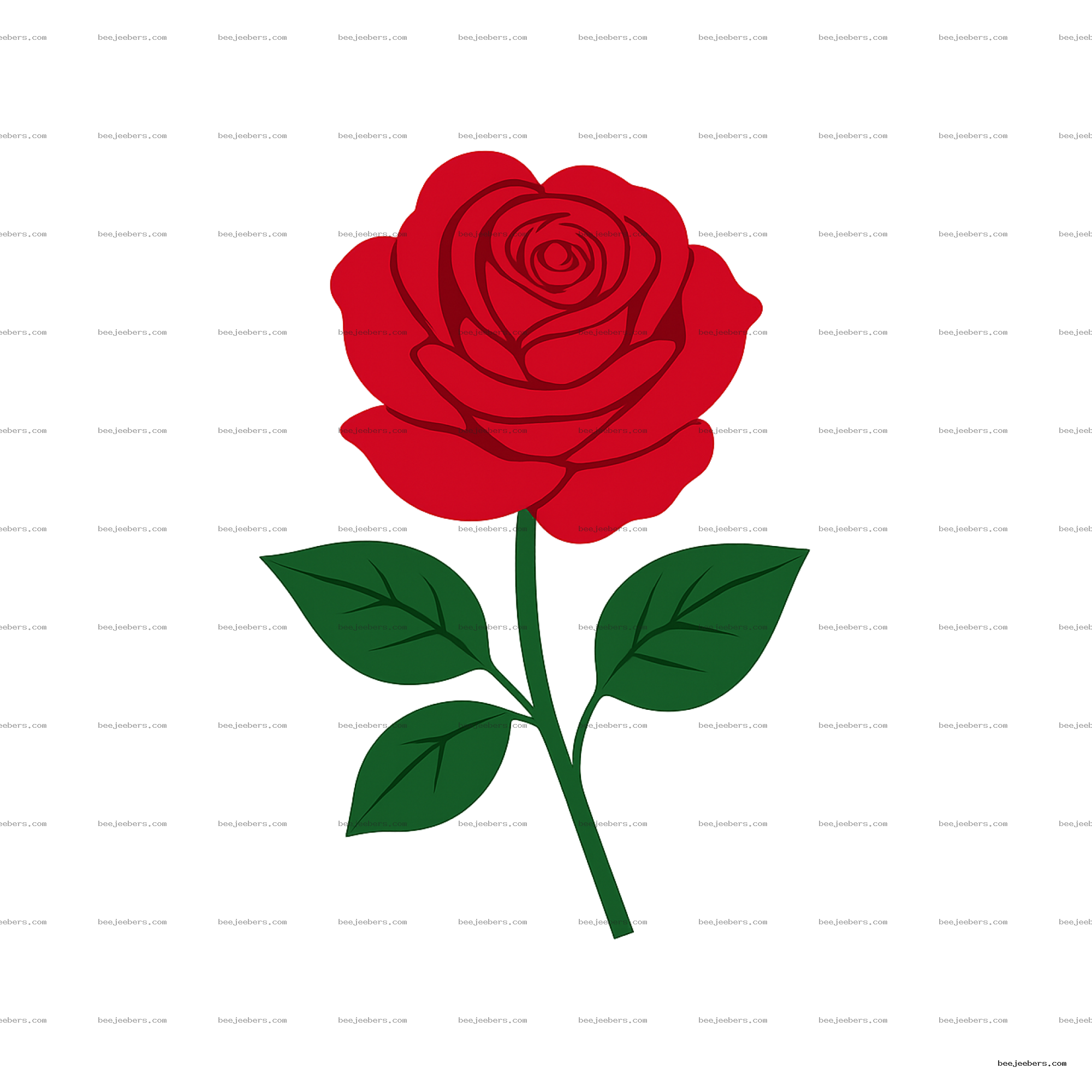 Clean vector red rose flower with green stem and leaves on transparent background