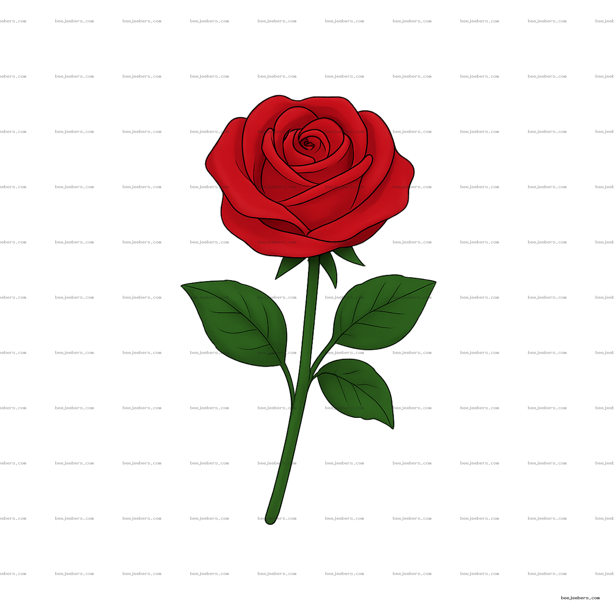 Clean vector illustration of a red rose flower with green leaves on transparent background