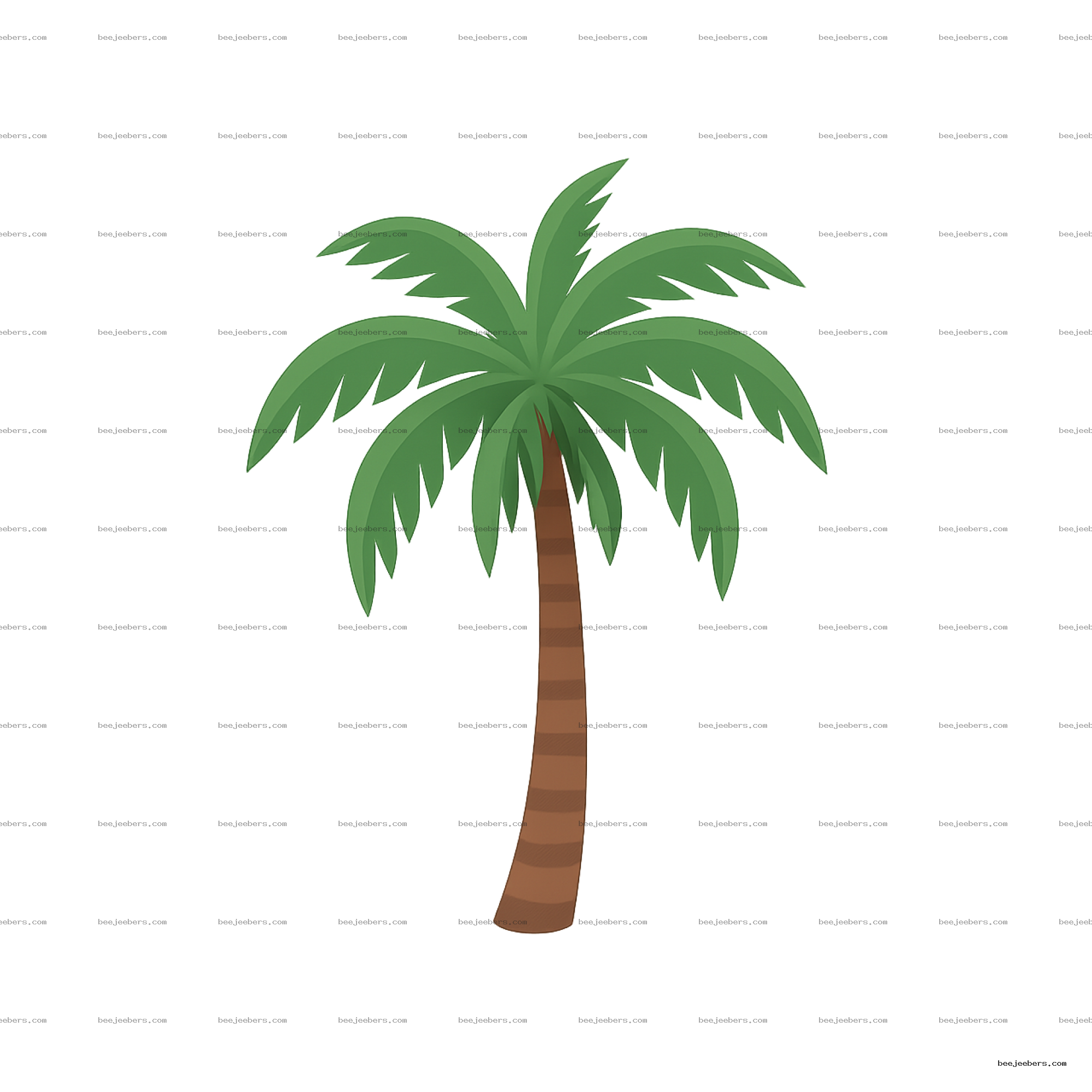 Clean vector style palm tree with green leaves and brown striped trunk on transparent background