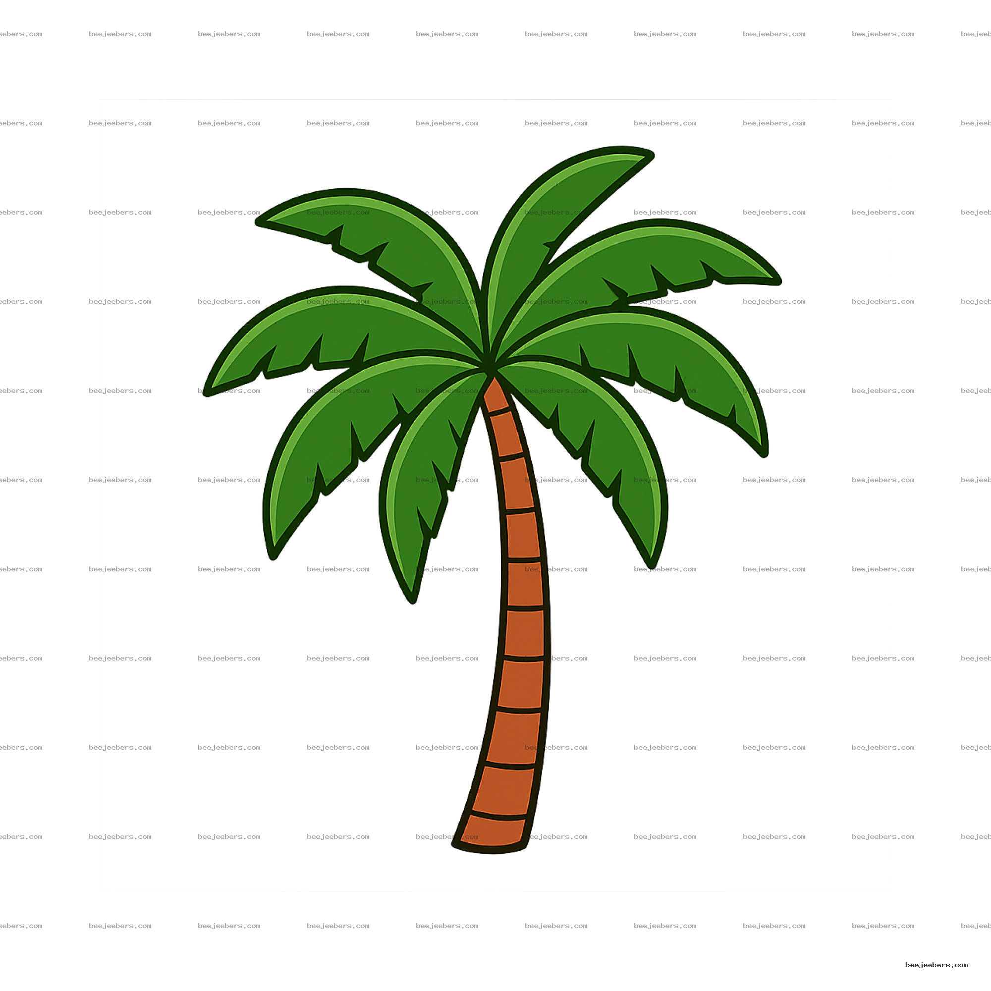 Clean vector illustration of a tropical palm tree with green leaves and brown trunk on transparent background