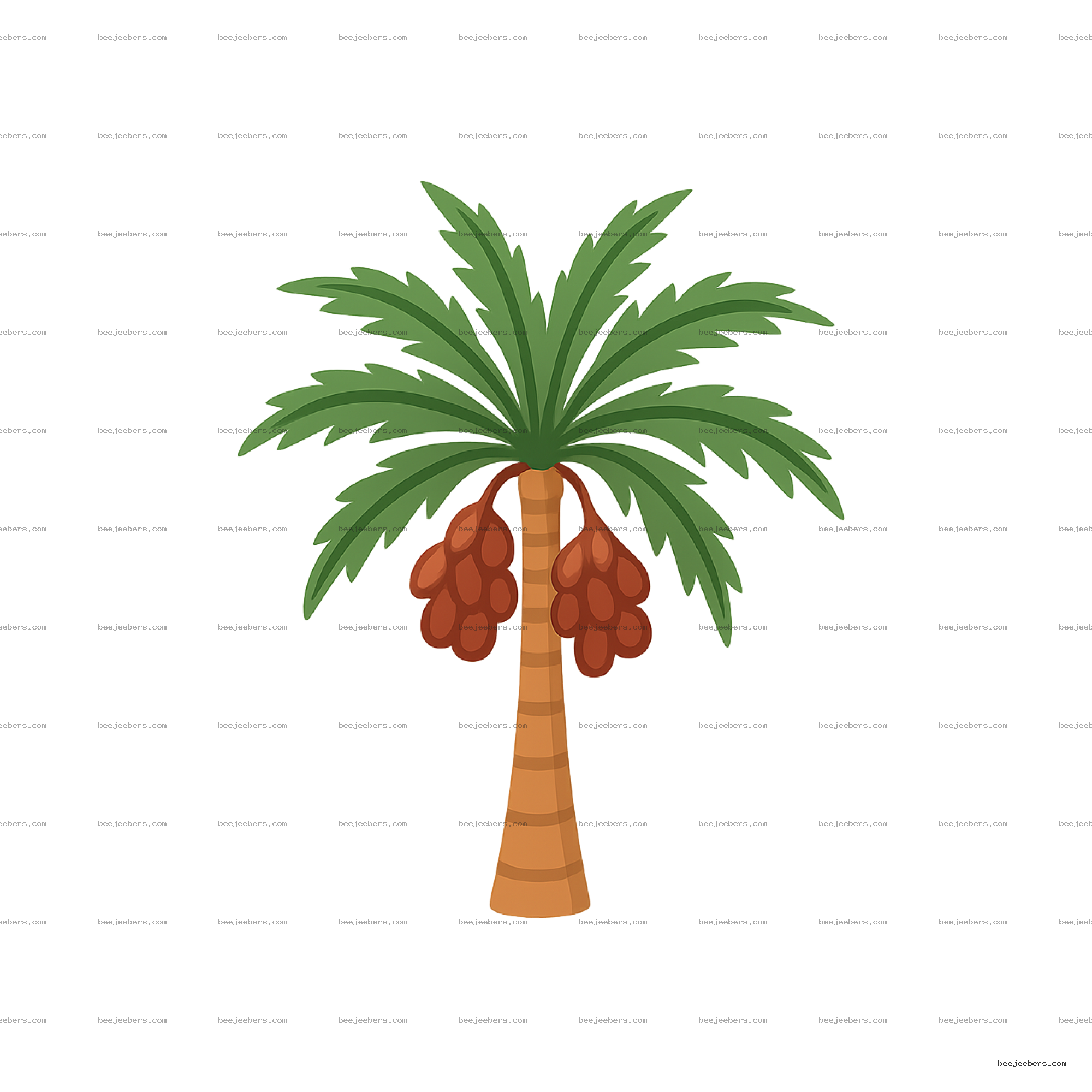 Vector illustration of a date palm tree with green leaves and hanging brown date fruits on transparent background