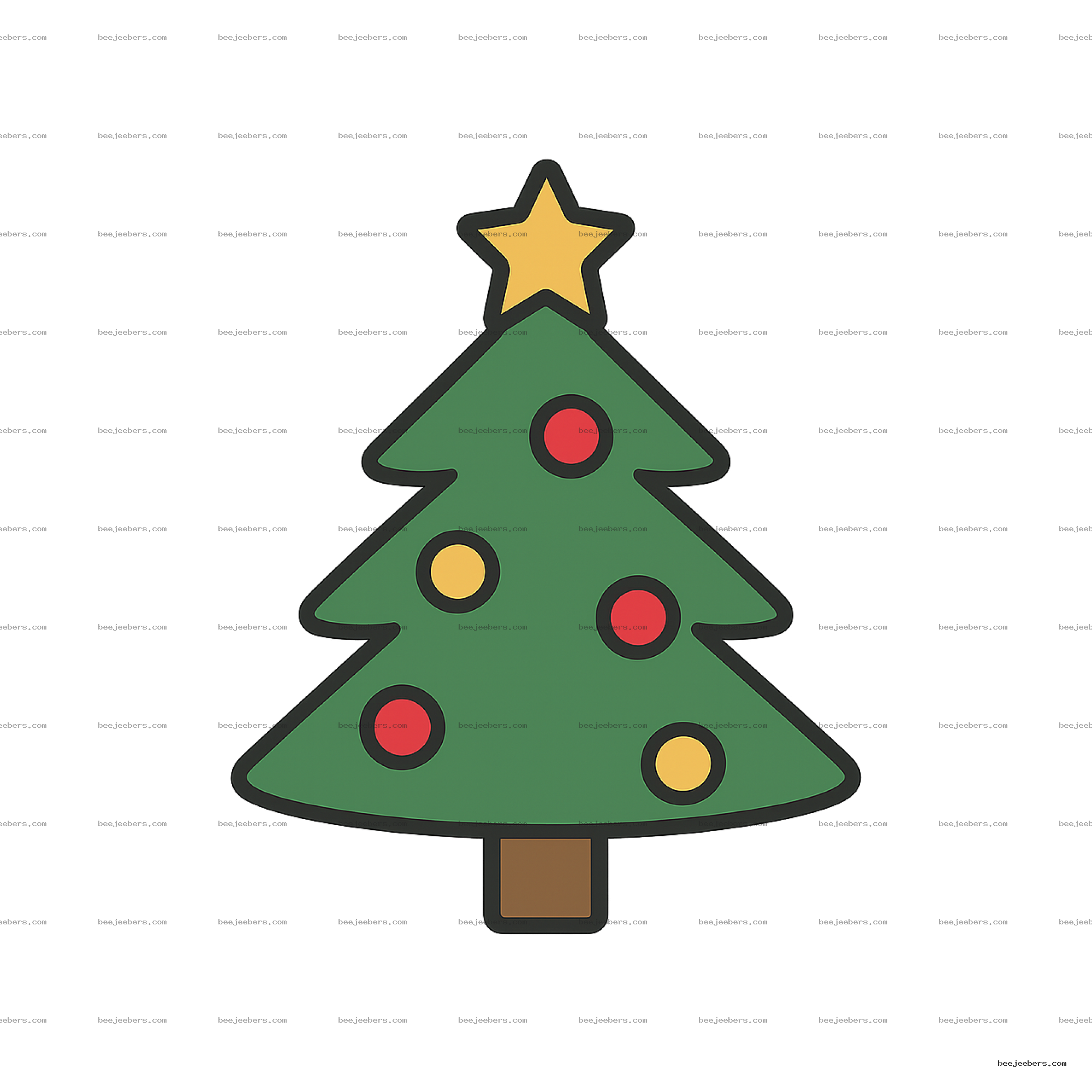 Clean vector Christmas tree icon with star and red and yellow ornaments on transparent background