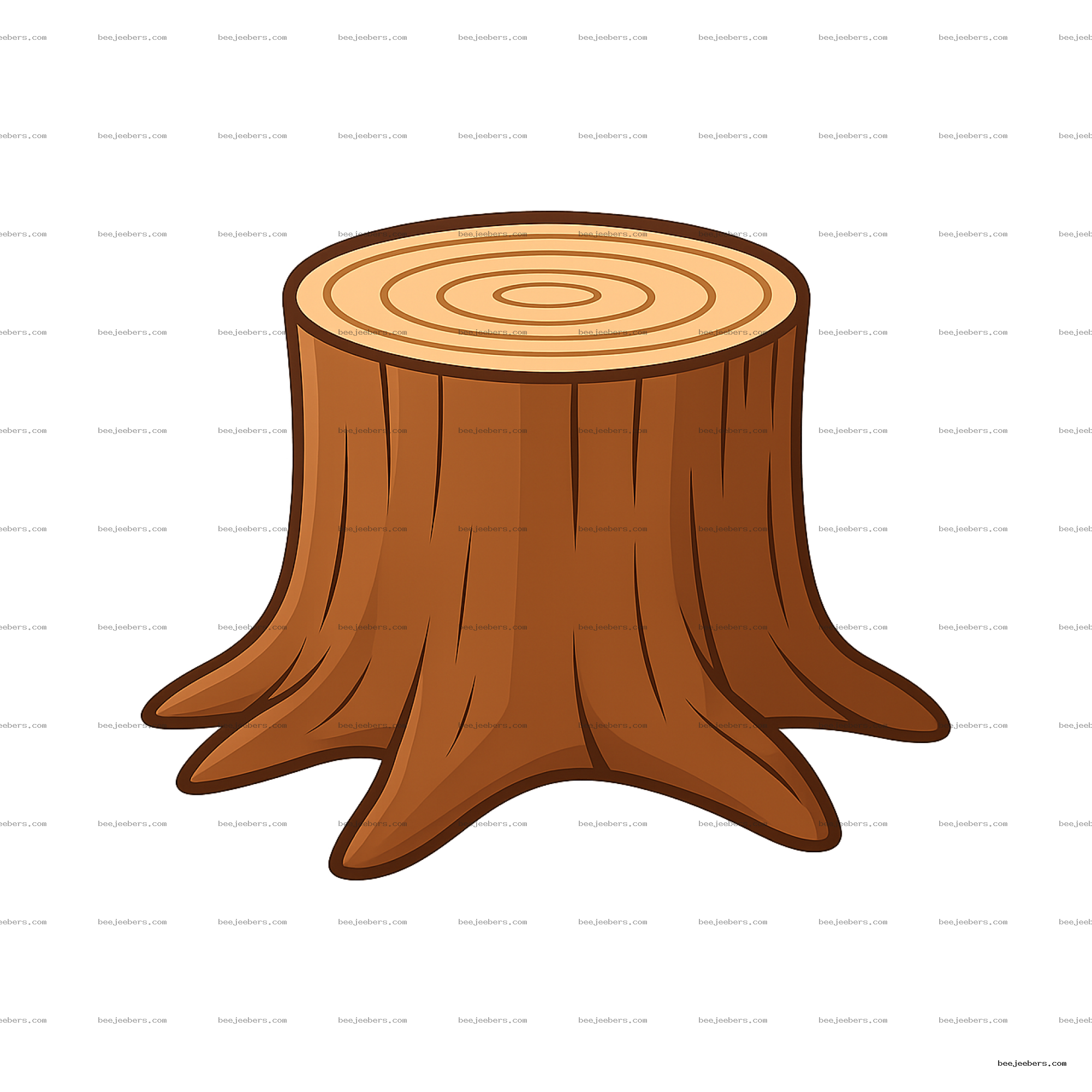 Clean vector PNG illustration of a brown tree stump with visible rings and roots on transparent background