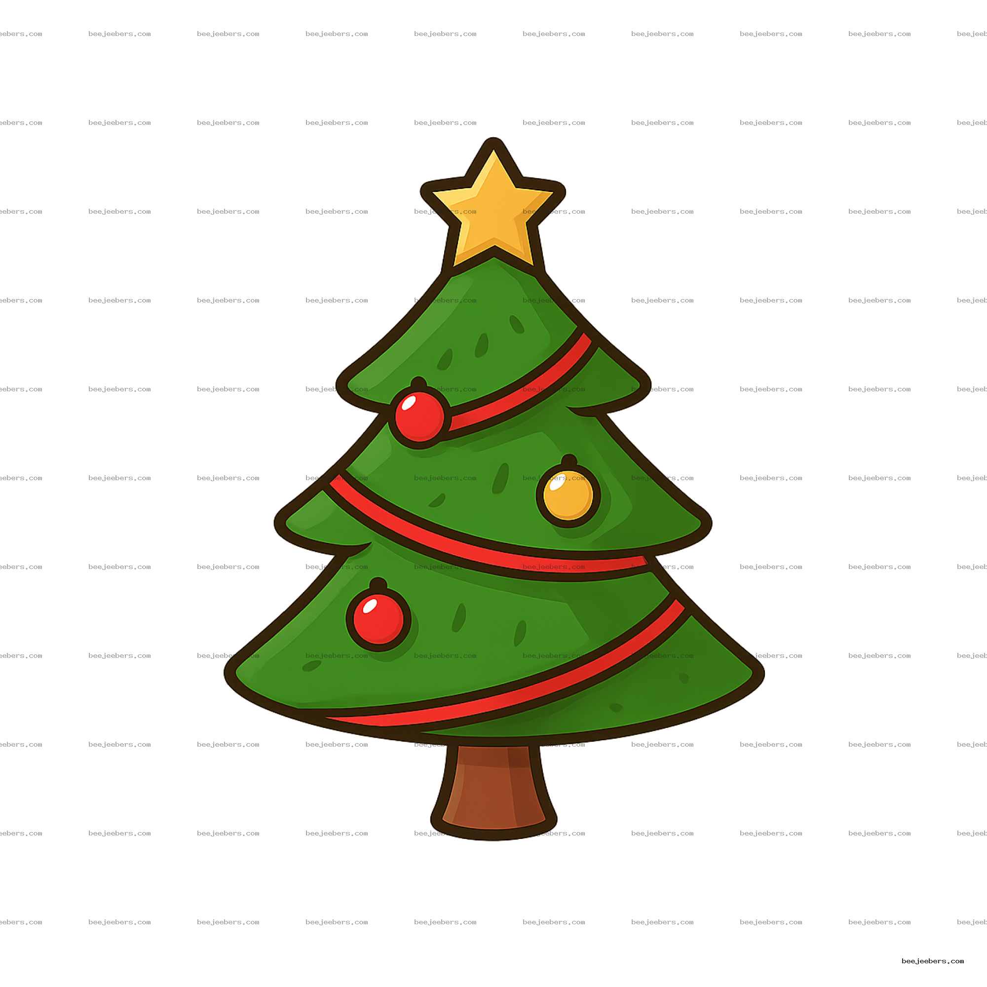 Cartoon Christmas tree PNG with star on top, red and yellow ornaments, and red ribbon on transparent background