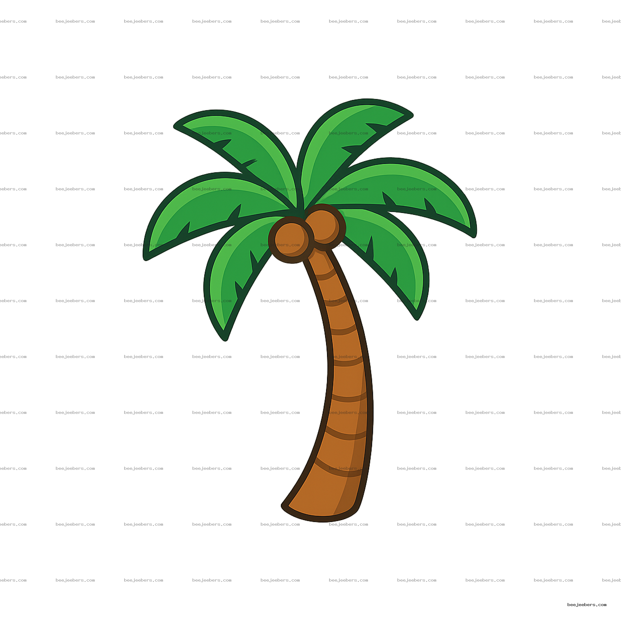 Cartoon style palm tree with green leaves and coconuts on transparent background