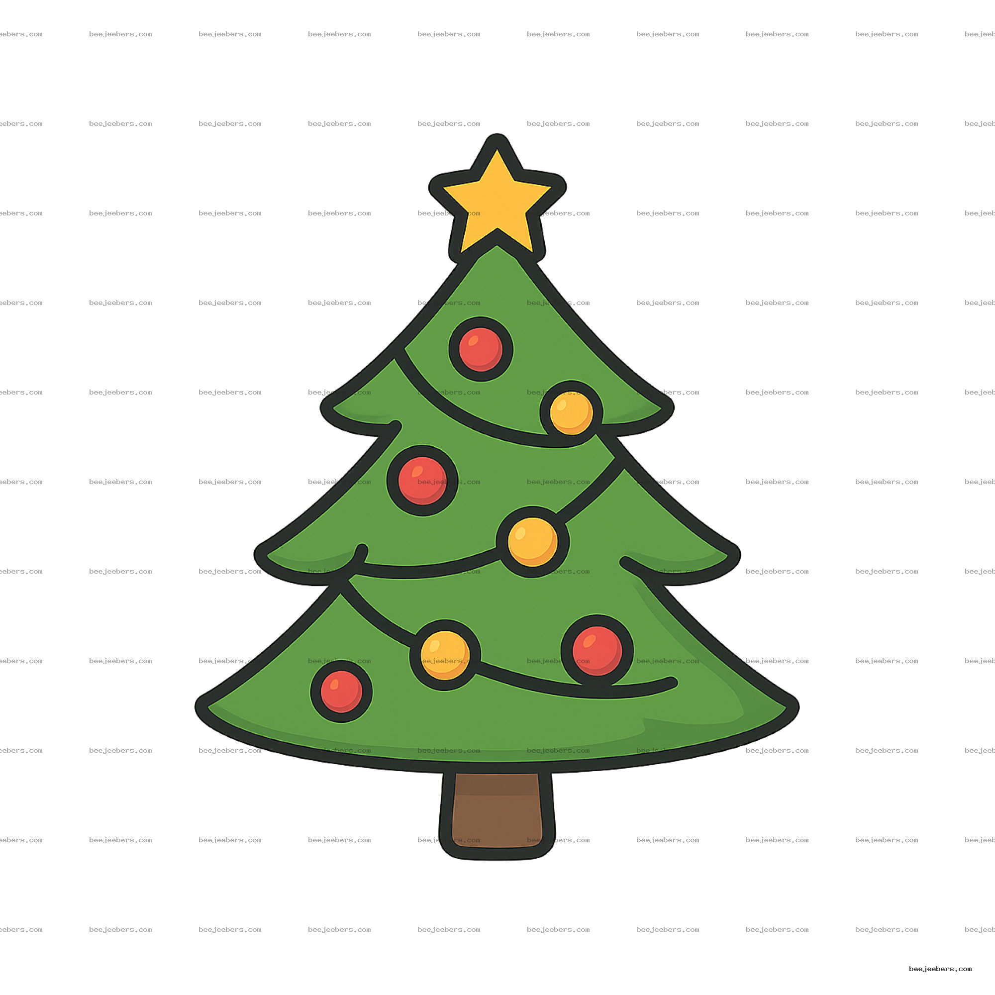 Simple clean vector Christmas tree with star and colorful ornaments PNG transparent