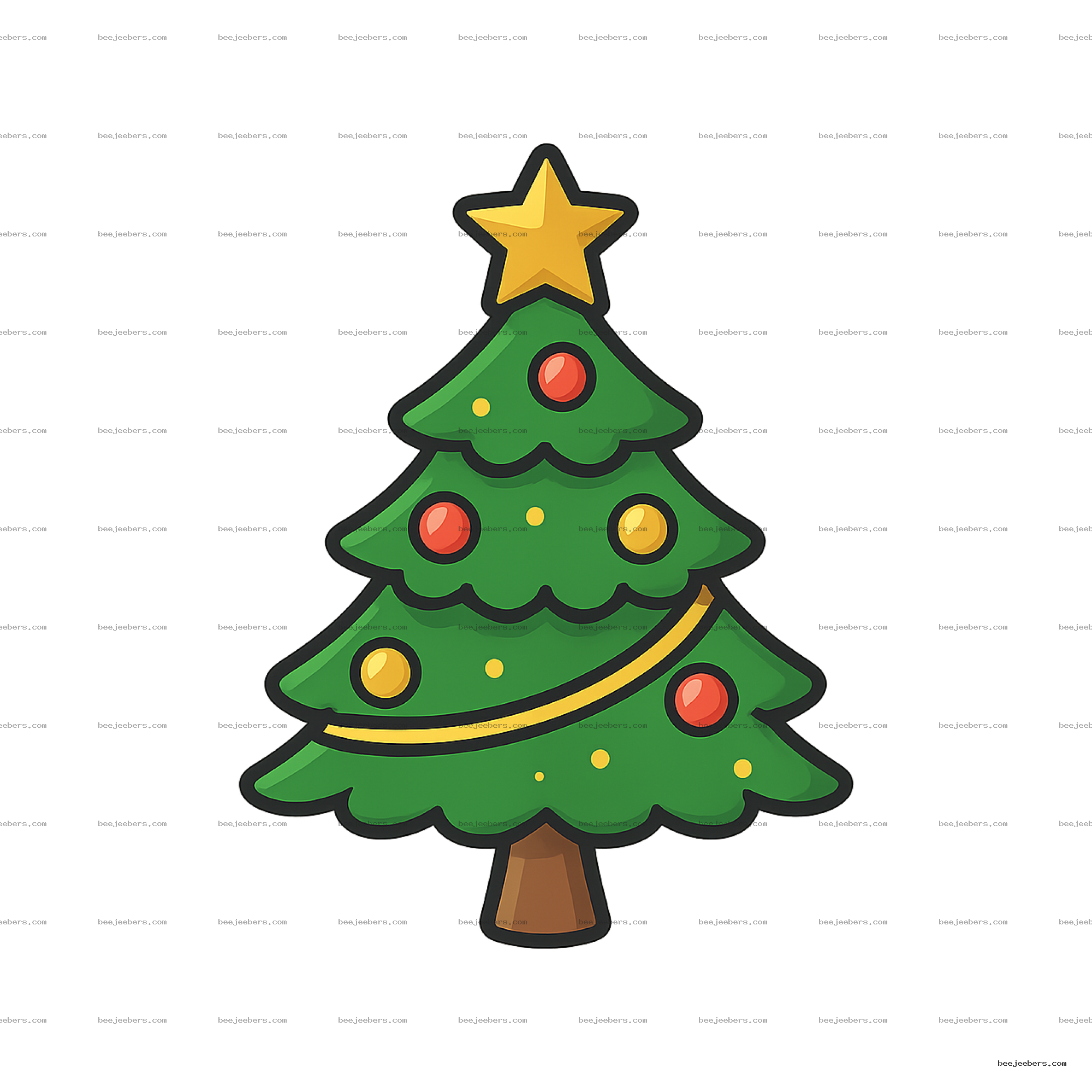 Cute cartoon Christmas tree with star, red and yellow ornaments, and garland on transparent background