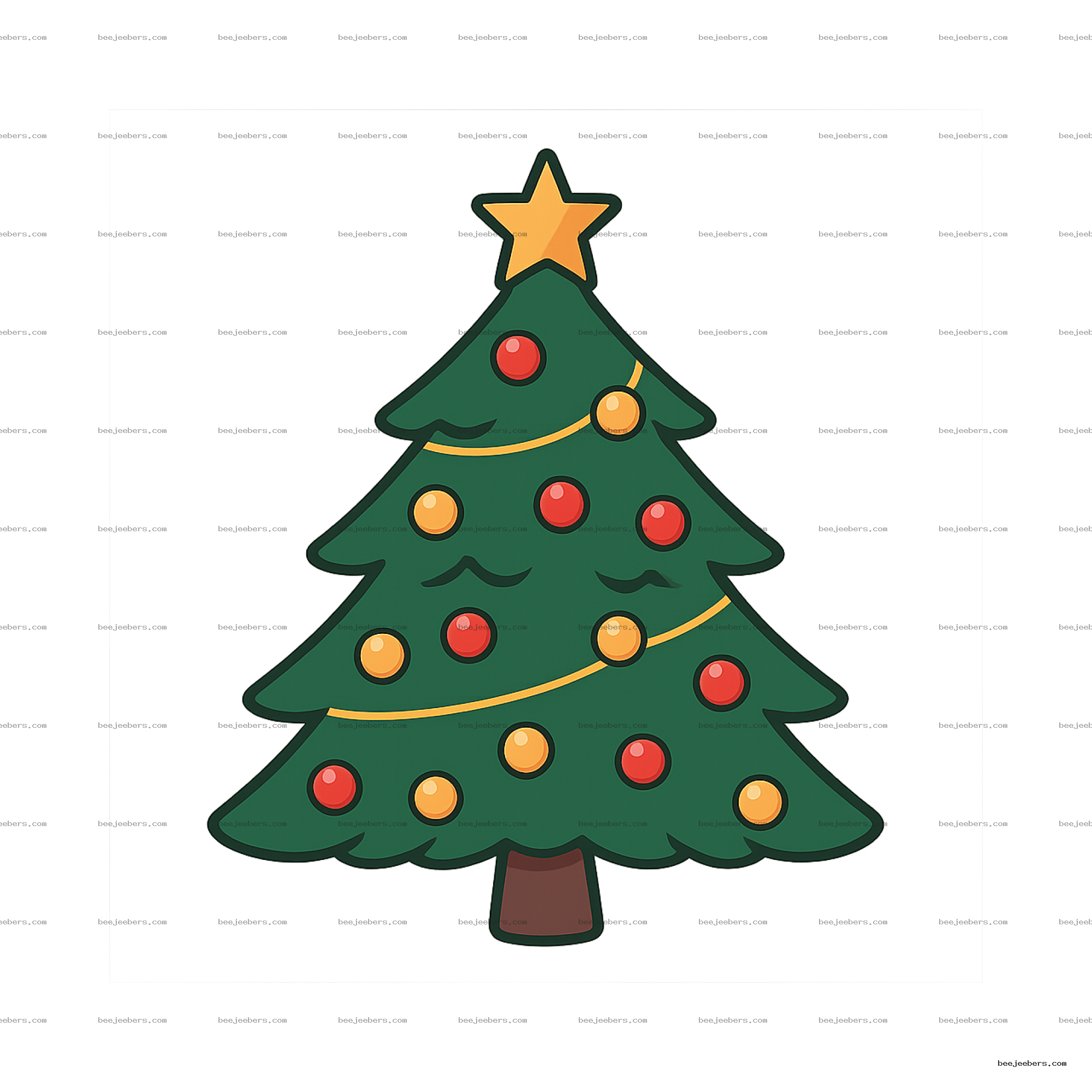Stylized Christmas tree clipart with red and yellow ornaments and star on top, transparent background