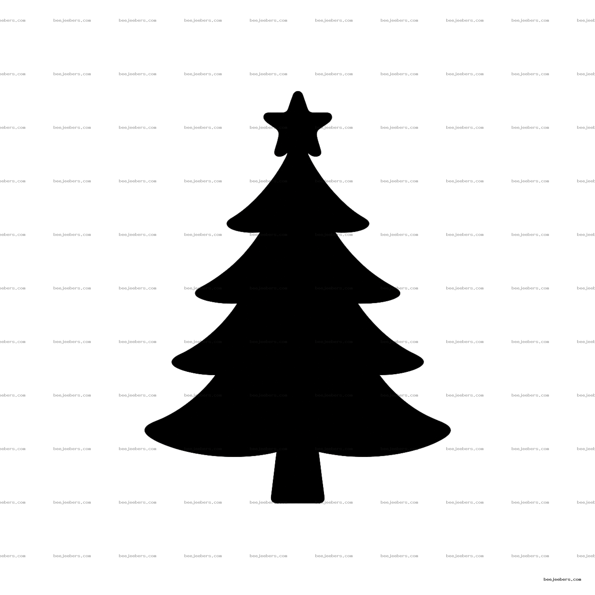 Black silhouette of a Christmas tree with star on top on transparent background