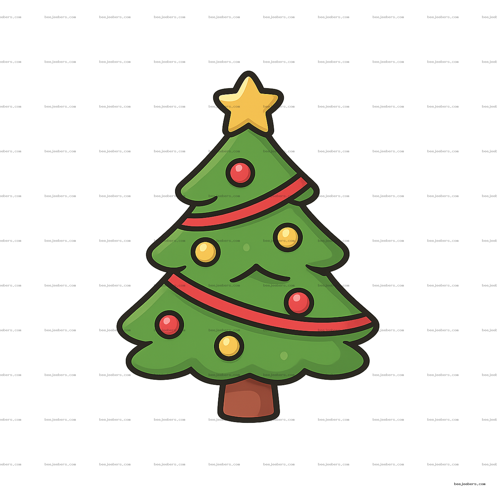 Cartoon style Christmas tree with star topper, red and yellow ornaments on transparent background
