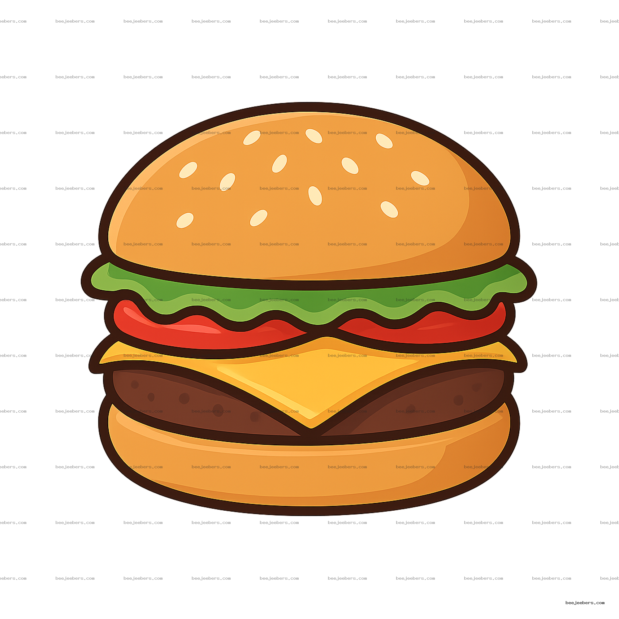 Clean vector hamburger clipart with sesame bun, lettuce, tomato, cheese, and beef patty on transparent background