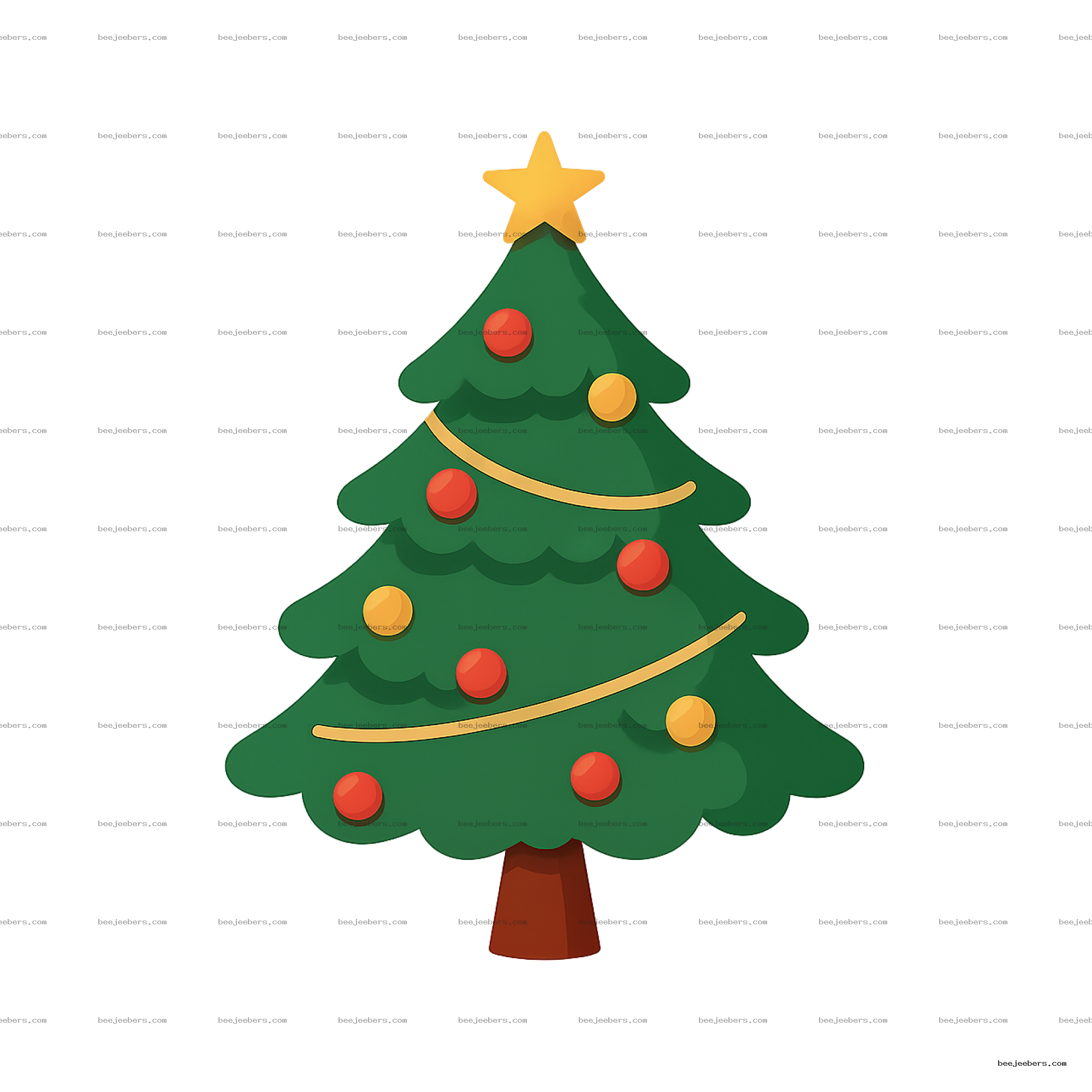 Clean vector Christmas tree decorated with red and yellow baubles and a yellow star topper on transparent background