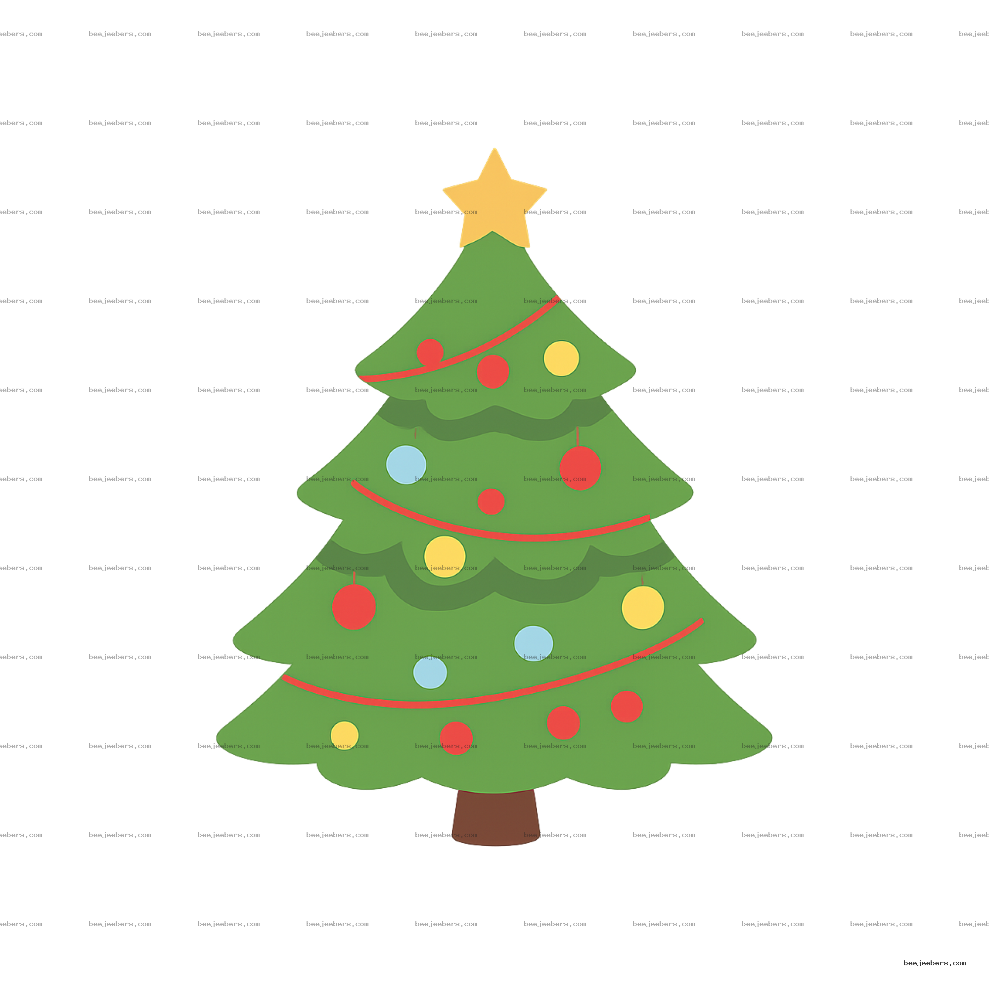 Clean vector style decorated Christmas tree with star on top and colorful ornaments transparent PNG
