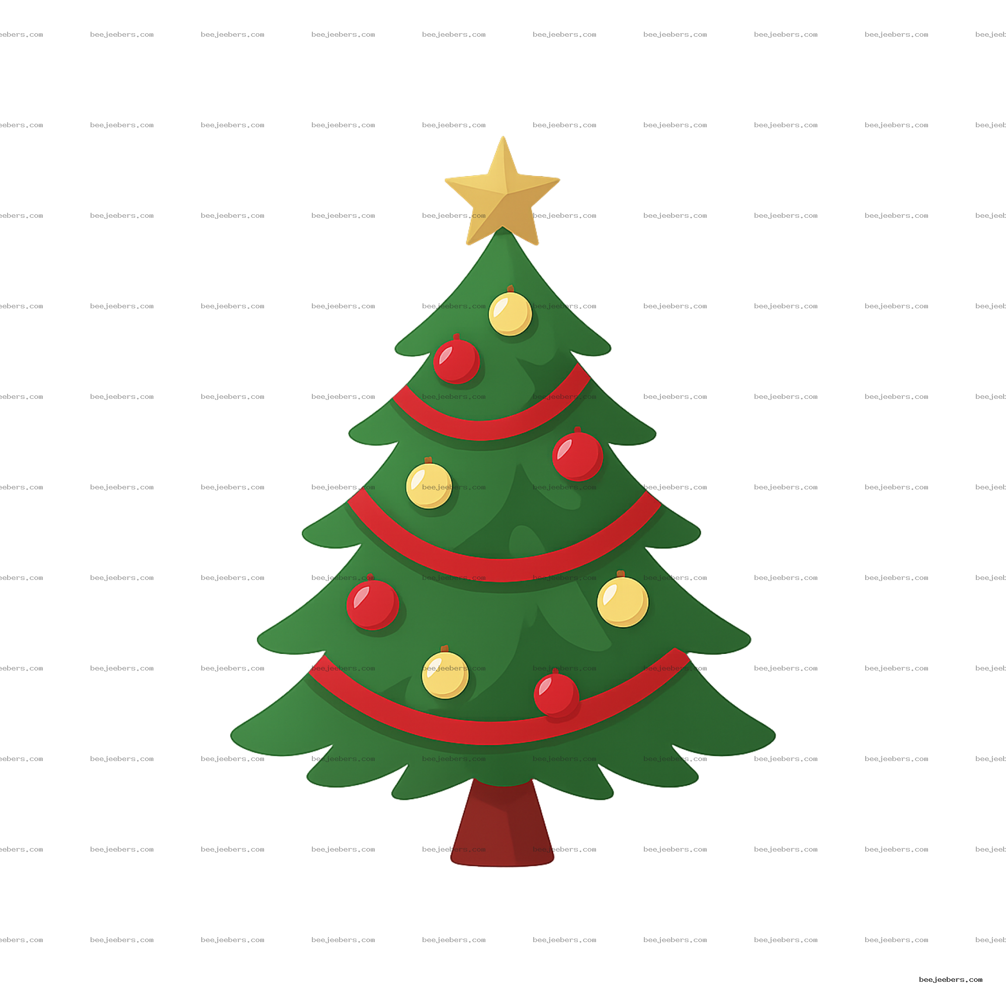 Vector Christmas tree decorated with red and yellow ornaments, red ribbon, and a gold star on top, transparent background