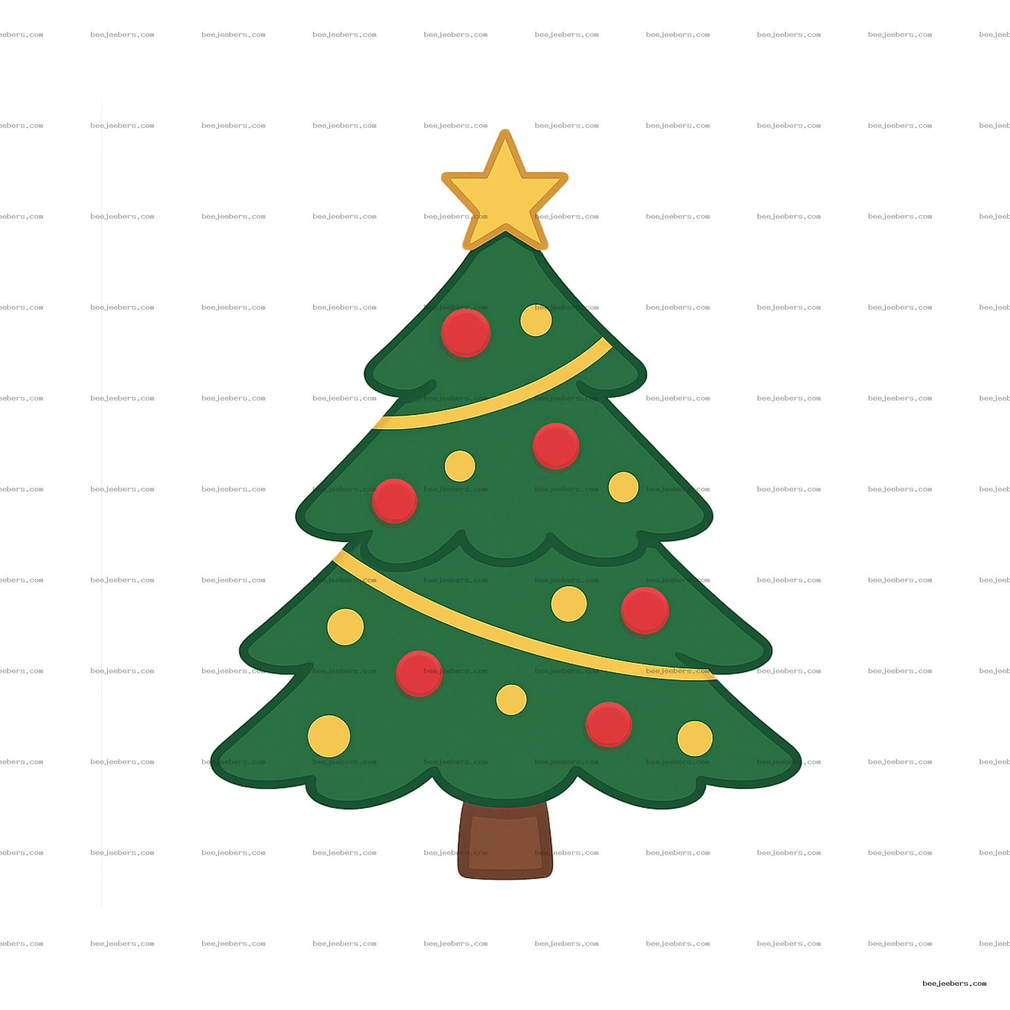 Clean vector Christmas tree clipart with red and yellow ornaments and star on top, transparent background