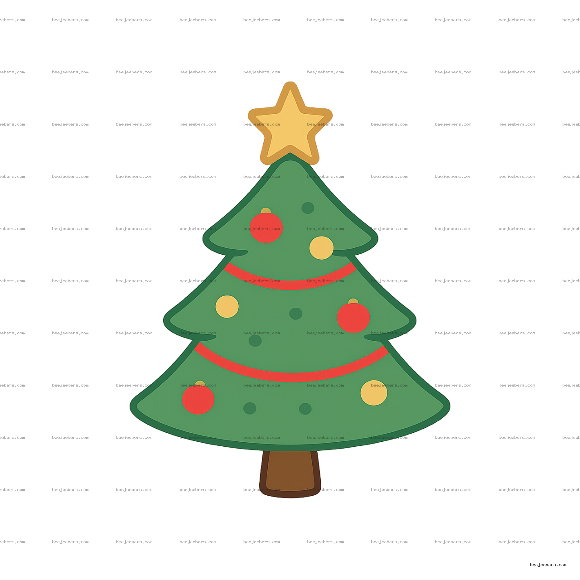 Vector clean Christmas tree with red and yellow ornaments and a golden star on top, transparent background