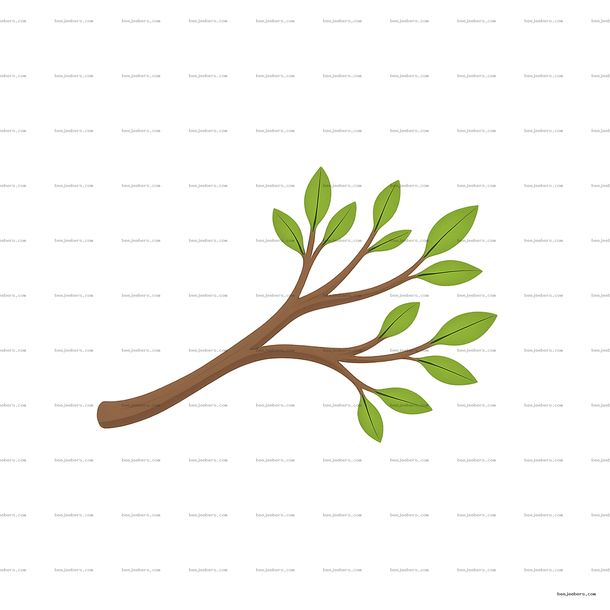 Clean vector PNG of a brown tree branch with green leaves on transparent background