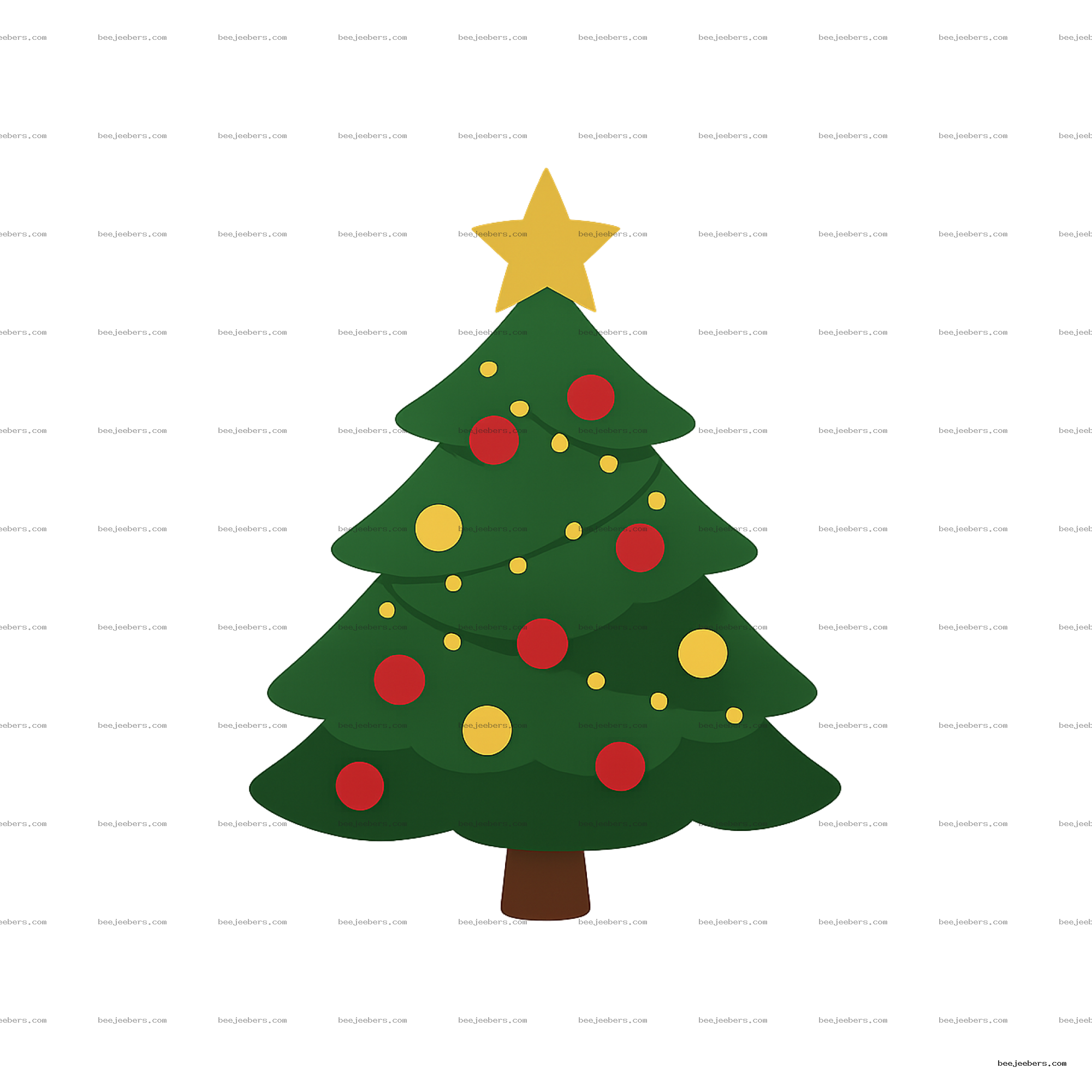Clean vector Christmas tree with red and yellow ornaments and a star on top on transparent background