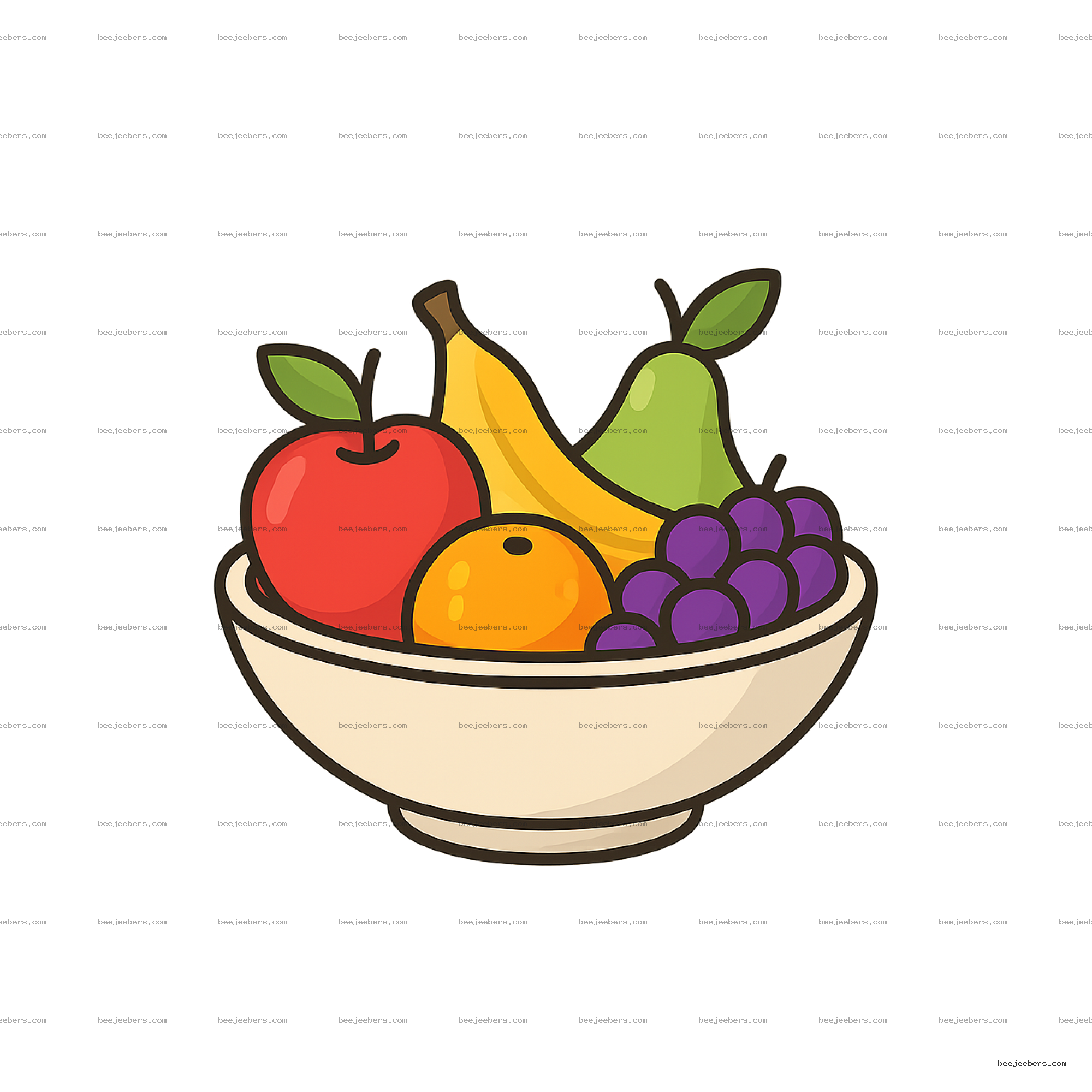 Vector illustration of a bowl filled with apple, banana, pear, orange, and grapes with transparent background