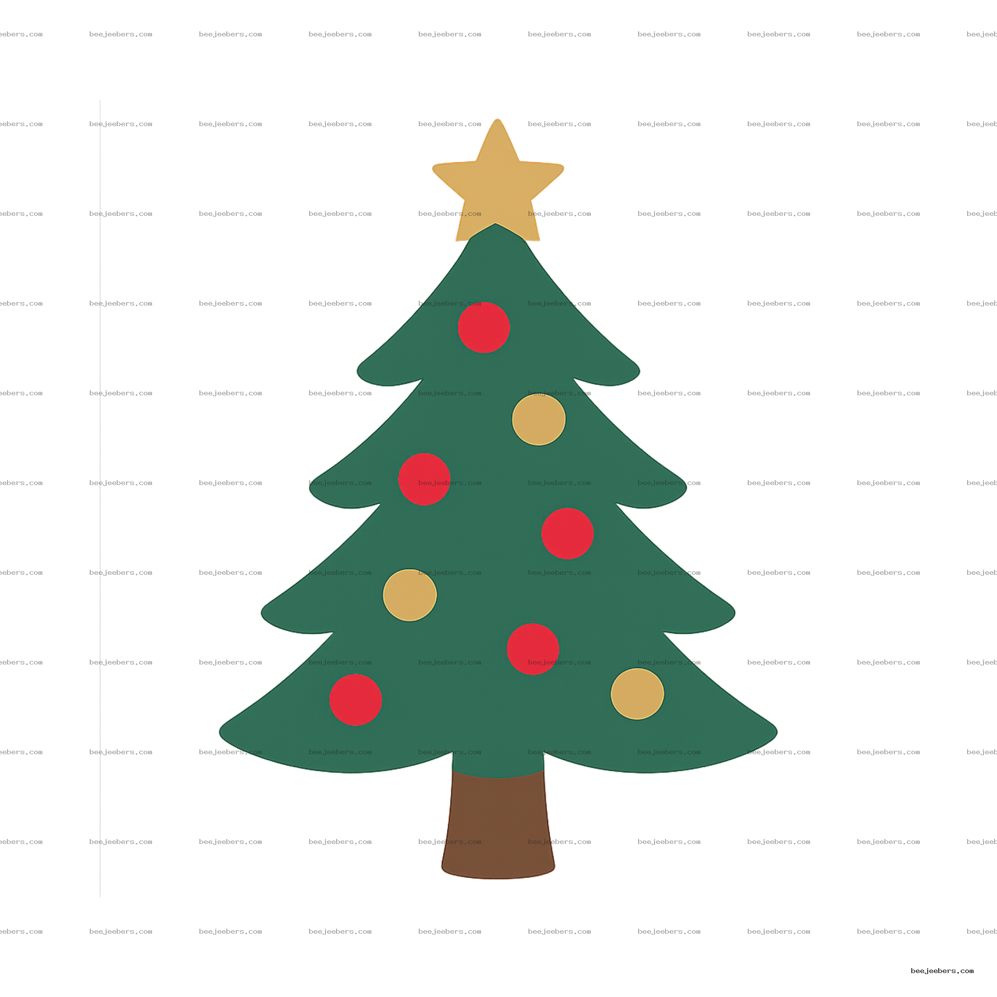Clean Christmas tree vector PNG decorated with red and gold ornaments and a gold star on top
