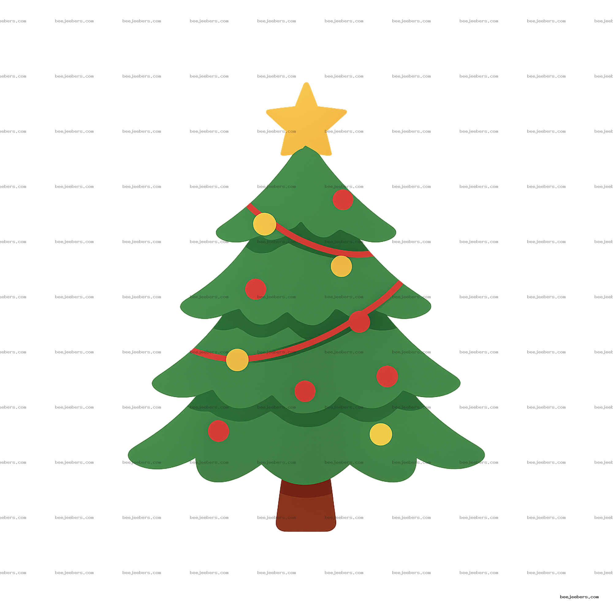 Clean vector Christmas tree clipart with red and yellow ornaments, red garland, and yellow star on top