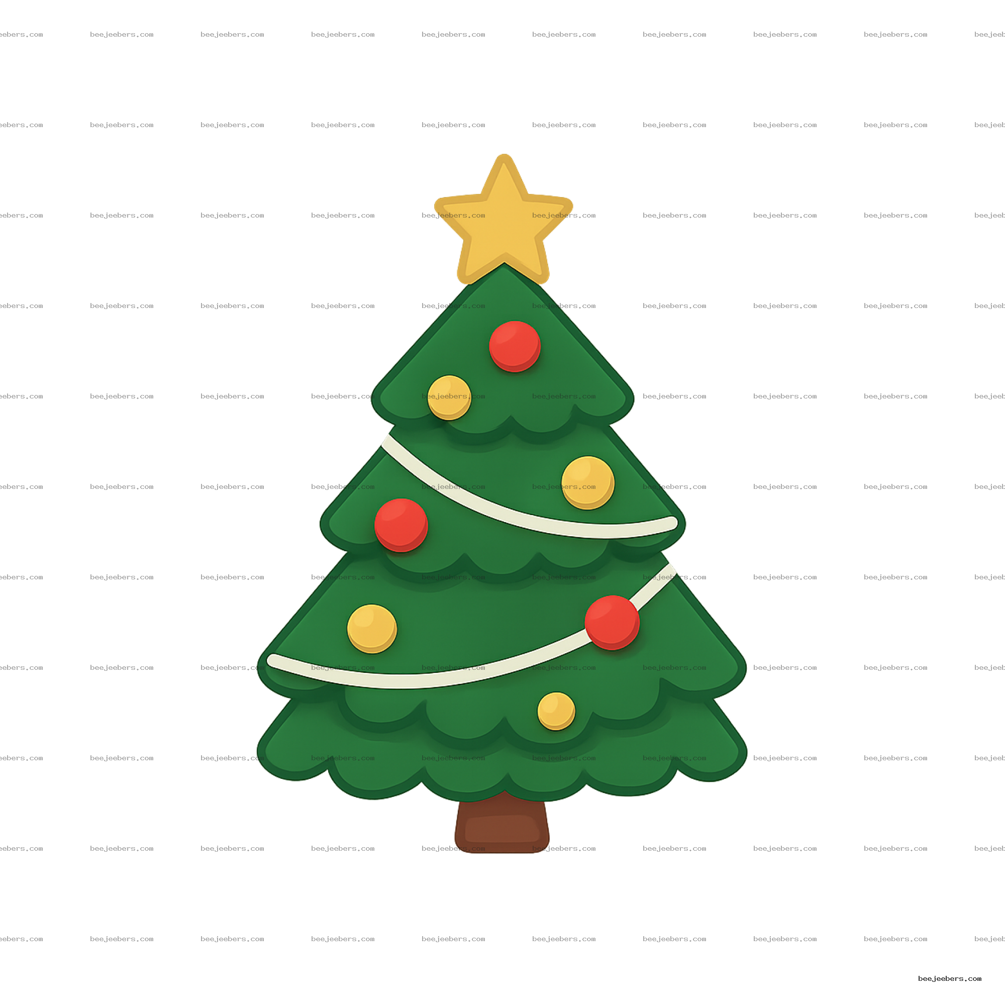Vector Christmas tree PNG with red and yellow ornaments, white garland, and a yellow star topper on transparent background