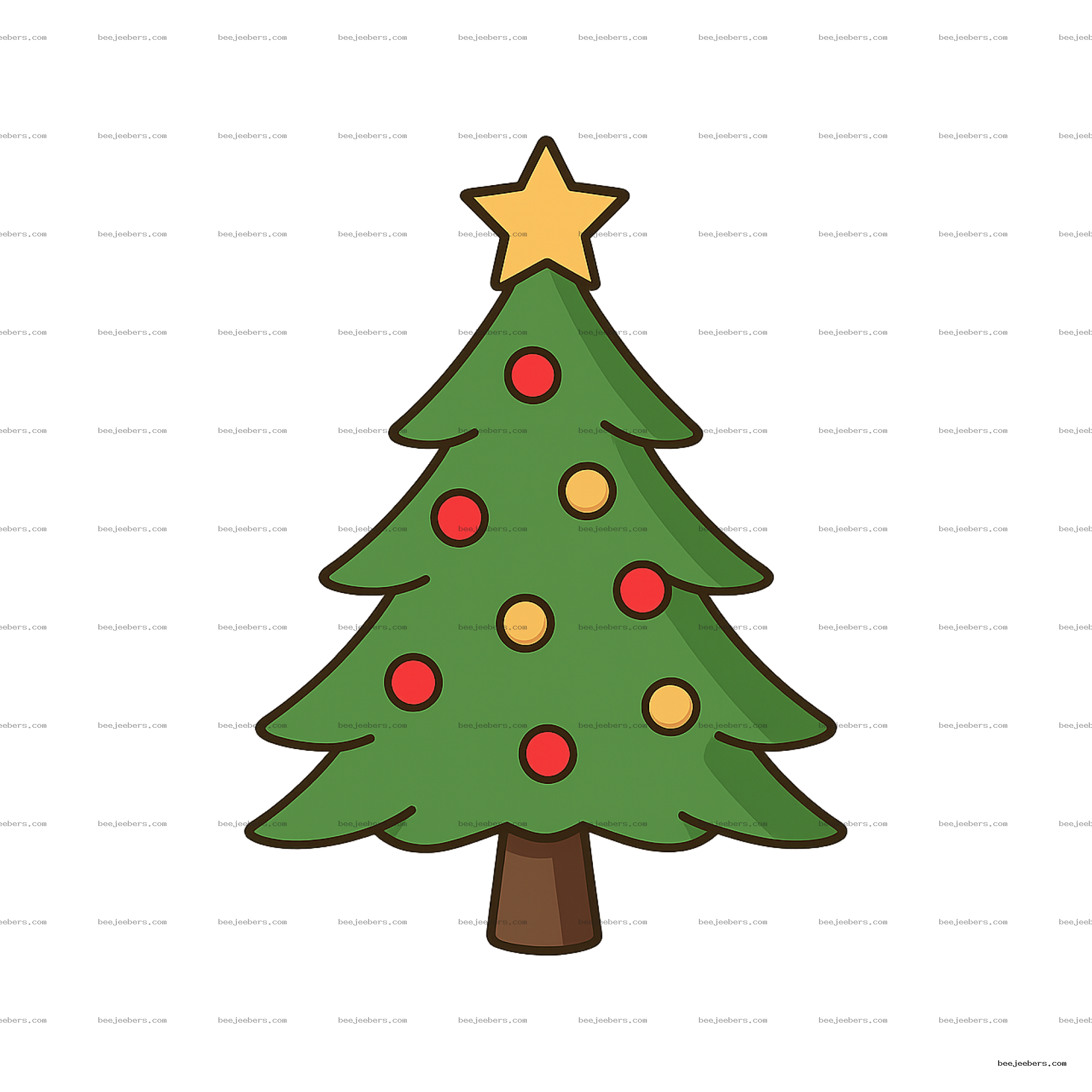 Clean vector Christmas tree with red and yellow ornaments and a star on top, transparent background