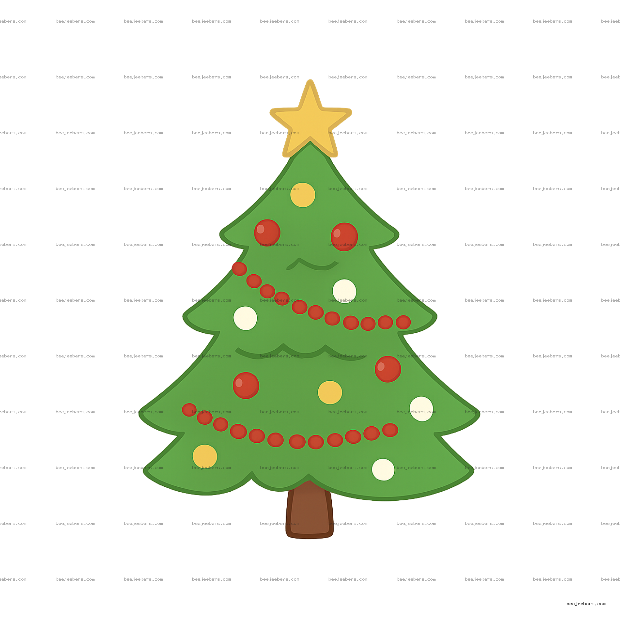 Clean vector Christmas tree clipart with red, yellow, and white ornaments and a star on top, transparent background