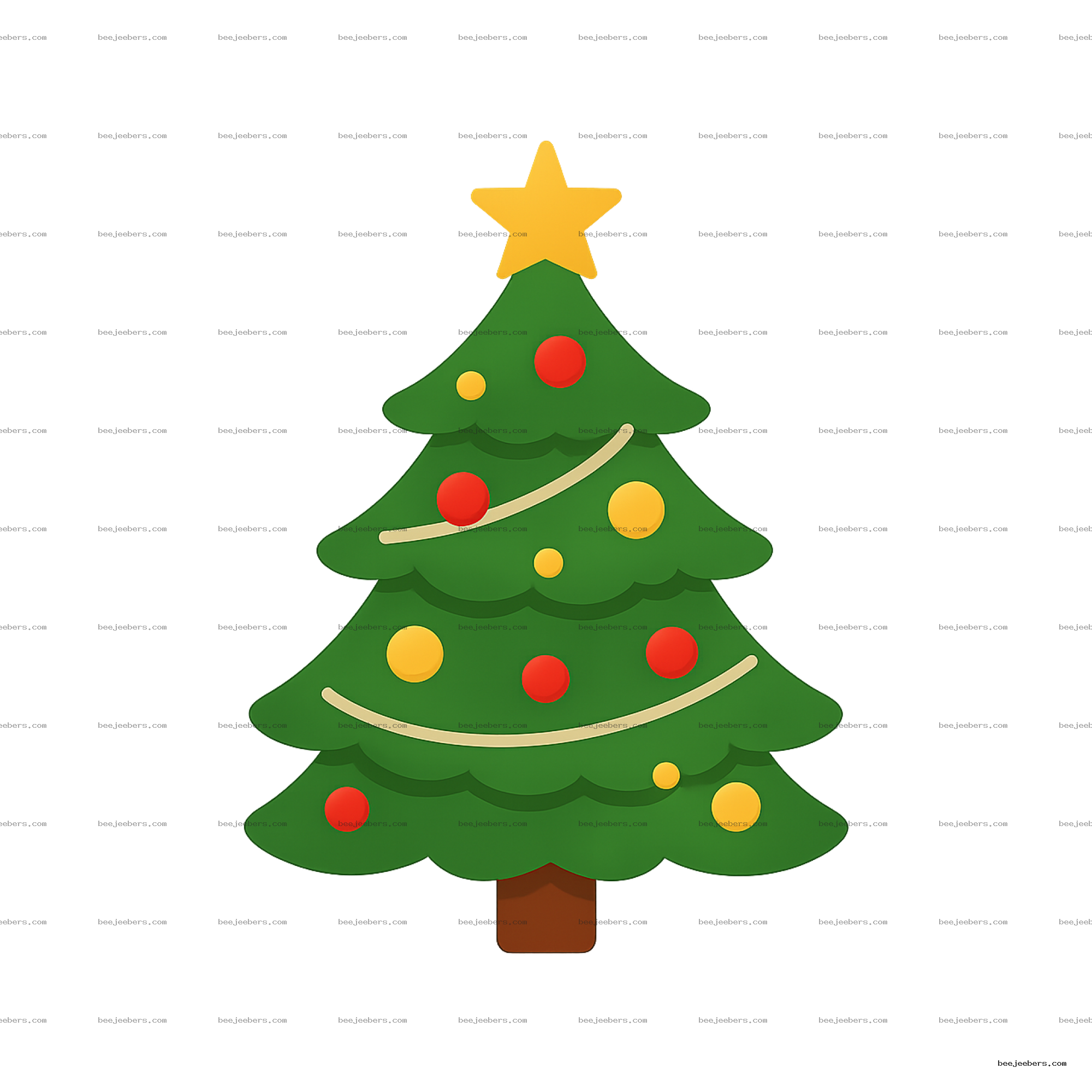 Clean vector Christmas tree decorated with red and yellow ornaments and a yellow star on a transparent background