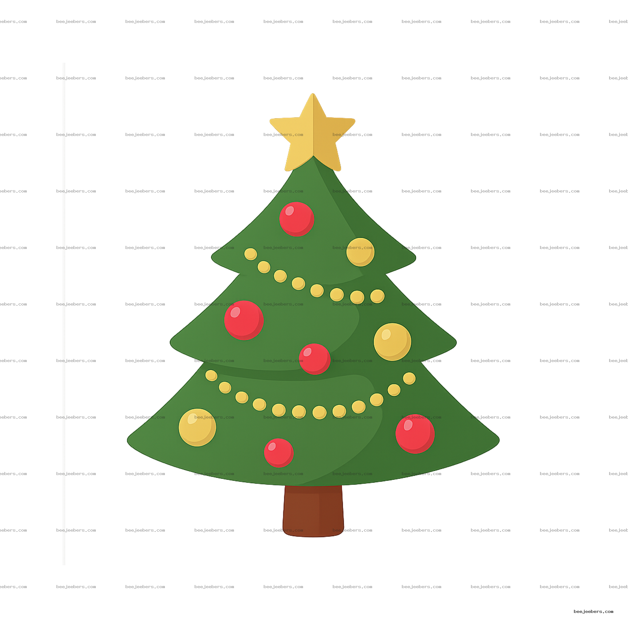 Stylized Christmas tree clipart with yellow star and red and yellow ornaments on transparent background