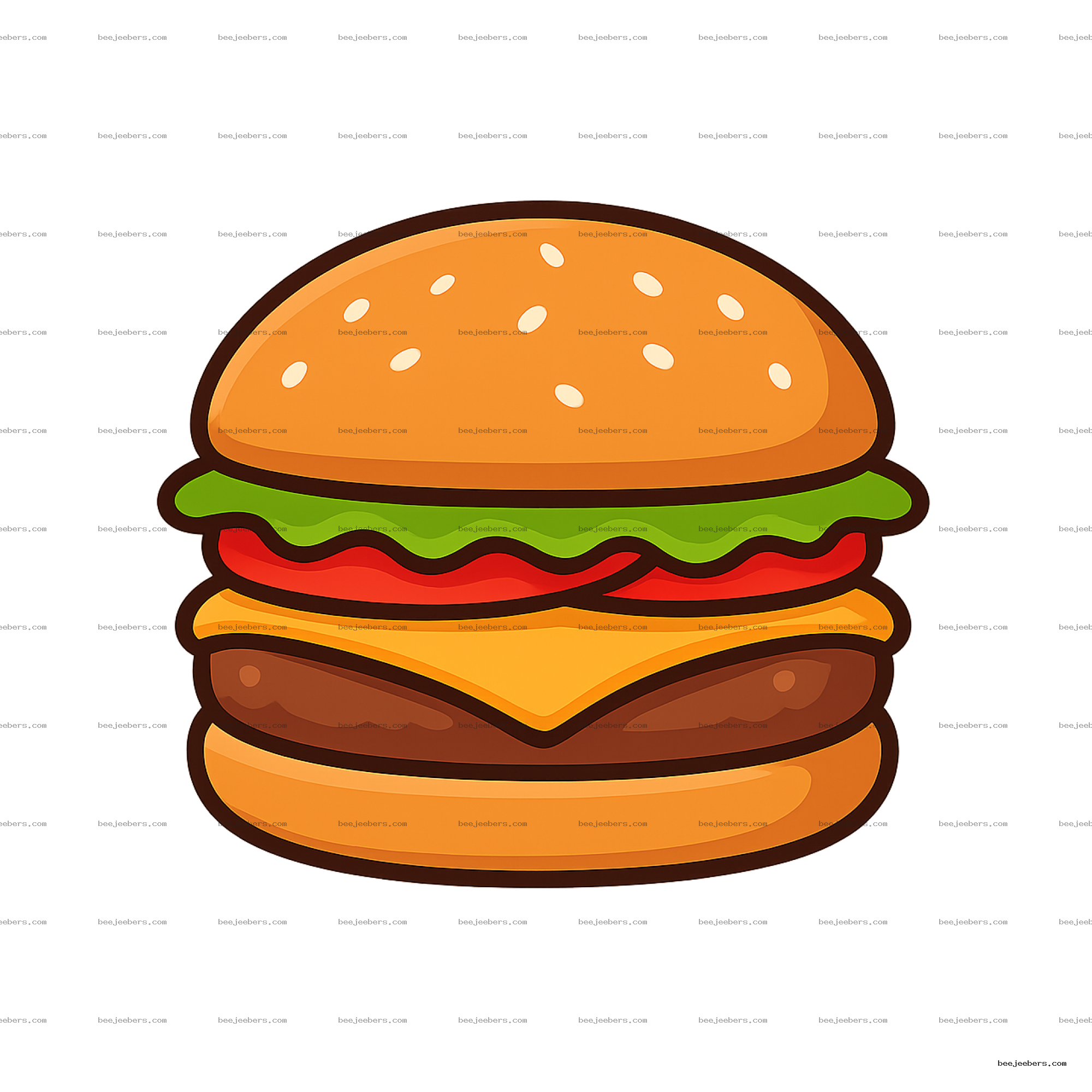 Clean vector illustration of a cheeseburger with lettuce, tomato, cheese, and sesame seed bun on transparent background