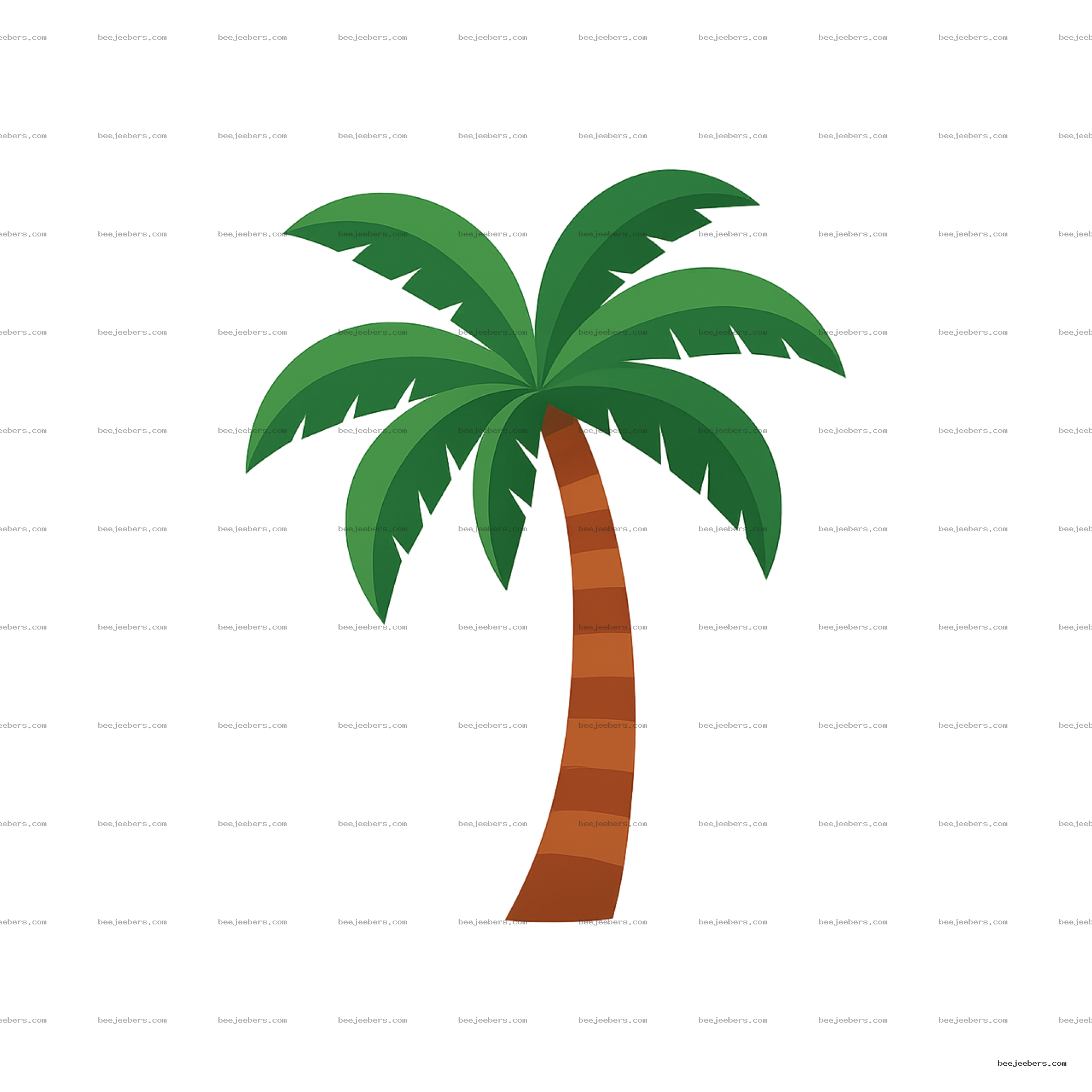 Stylized clean vector palm tree with green leaves and brown trunk on transparent background