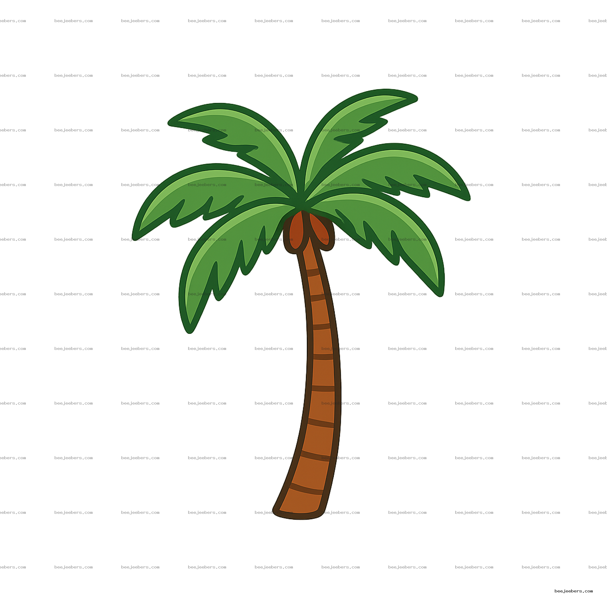 Clean vector illustration of a palm tree with green leaves and brown trunk on transparent background