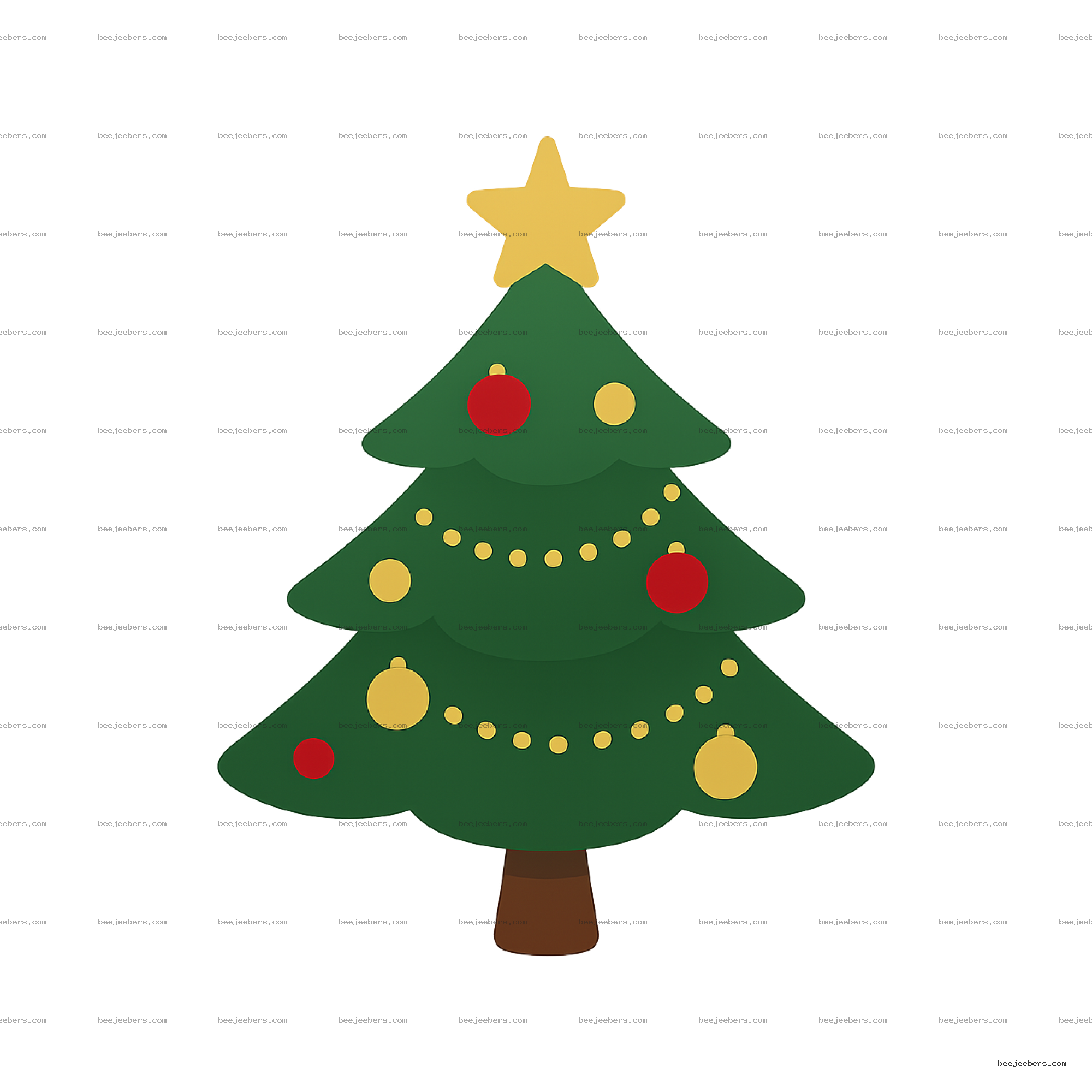 Clean vector Christmas tree with star, red and yellow ornaments on transparent background