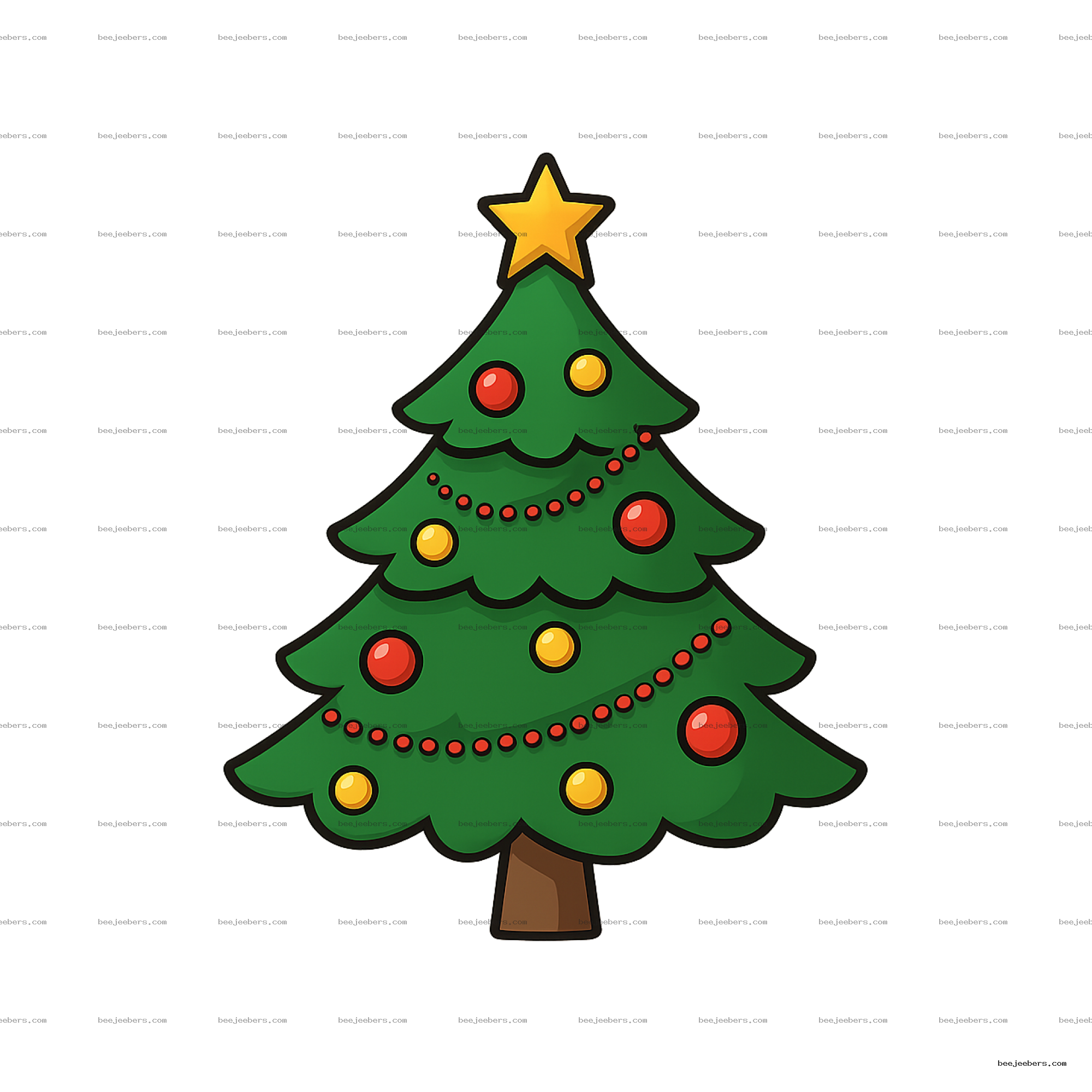 Cartoon Christmas tree PNG with yellow star, red and yellow ornaments on transparent background
