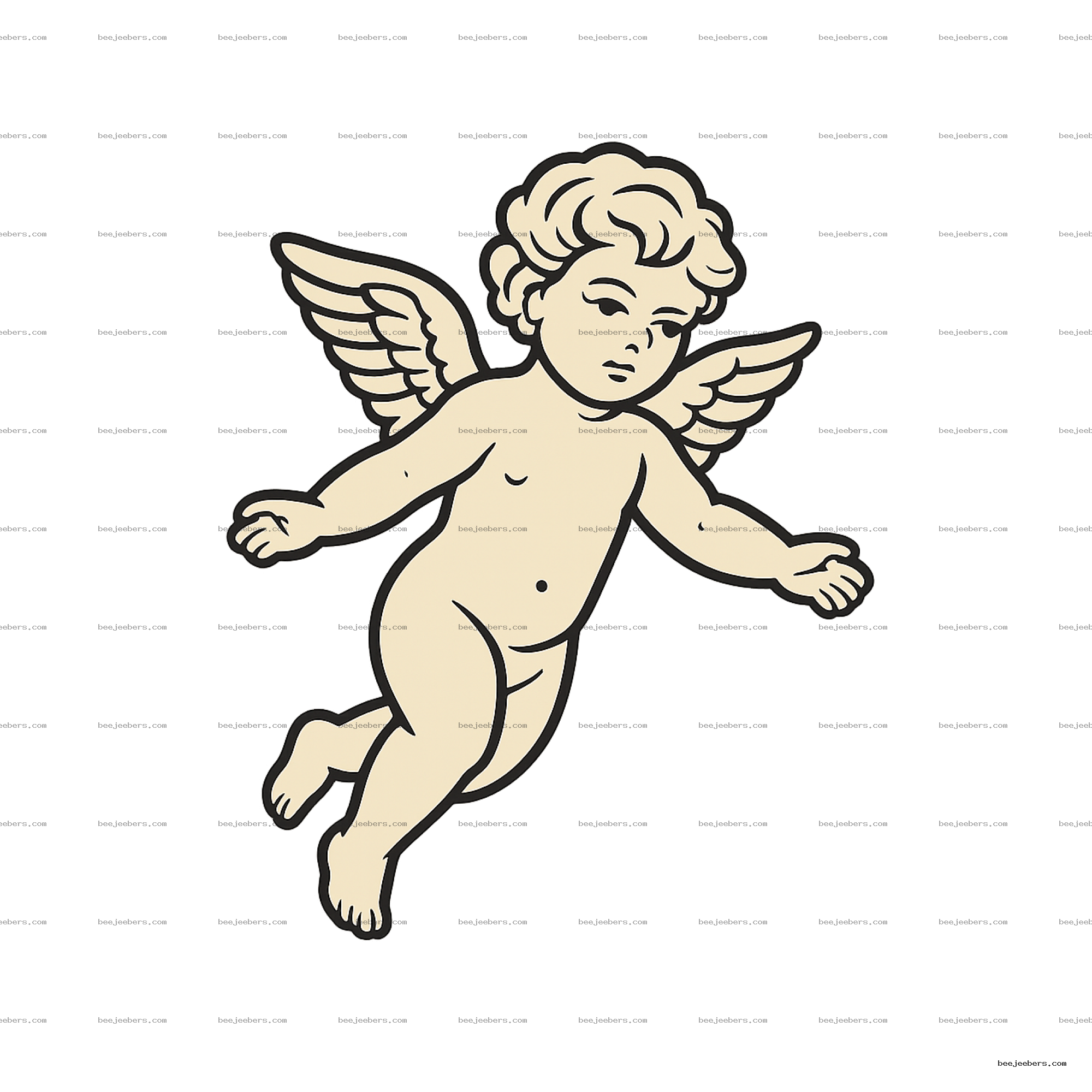 Clean vector cherub angel with wings in cream and black outlines on transparent background