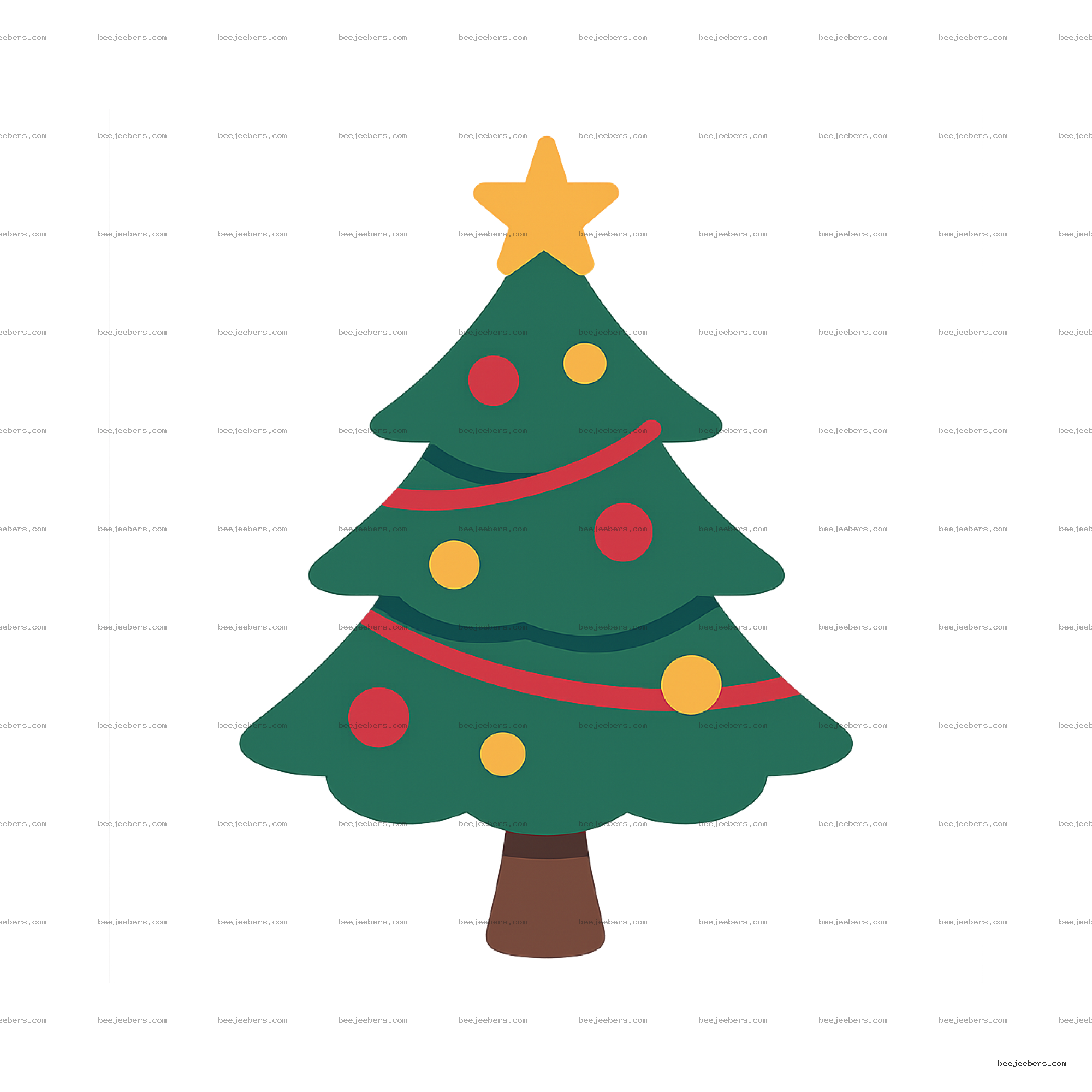 Clean vector Christmas tree with star topper, red and yellow ornaments, and red garlands on transparent background
