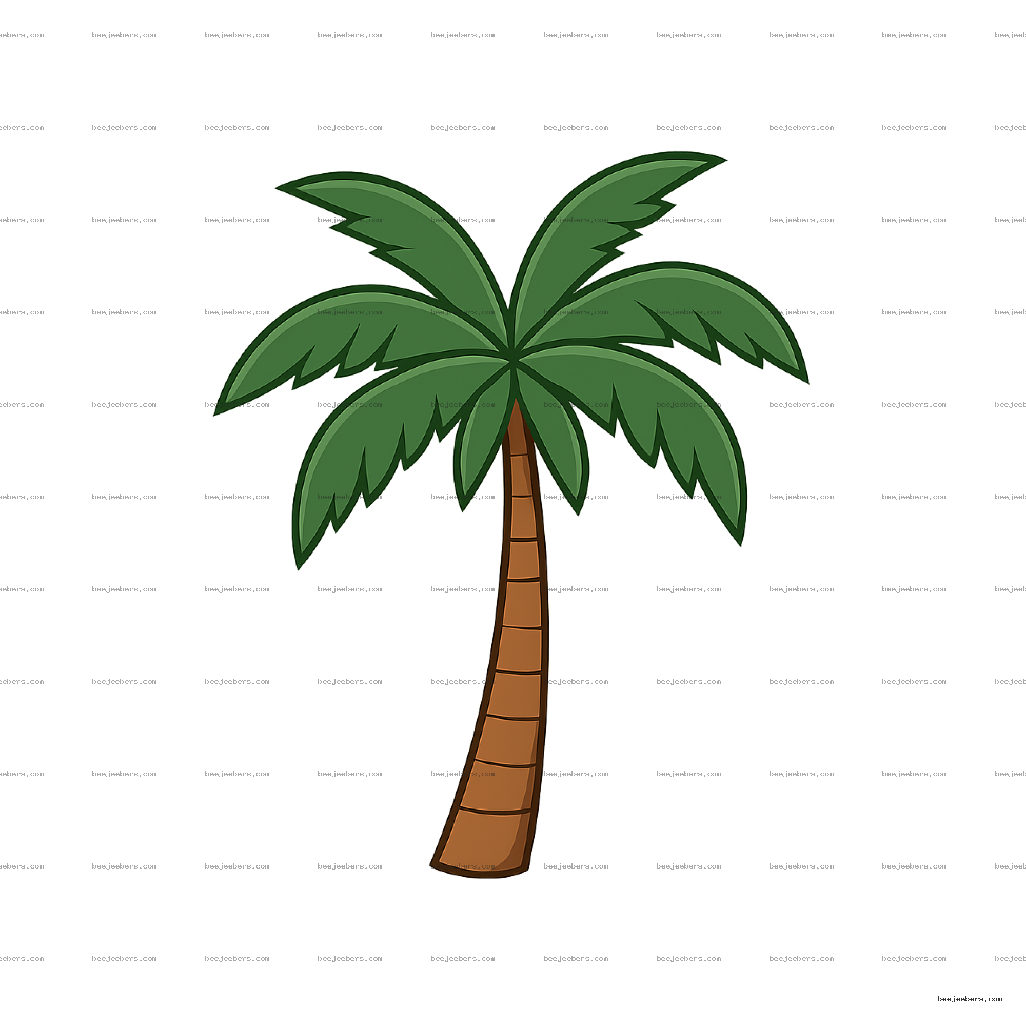 Clean vector palm tree PNG with green leaves and brown trunk on transparent background