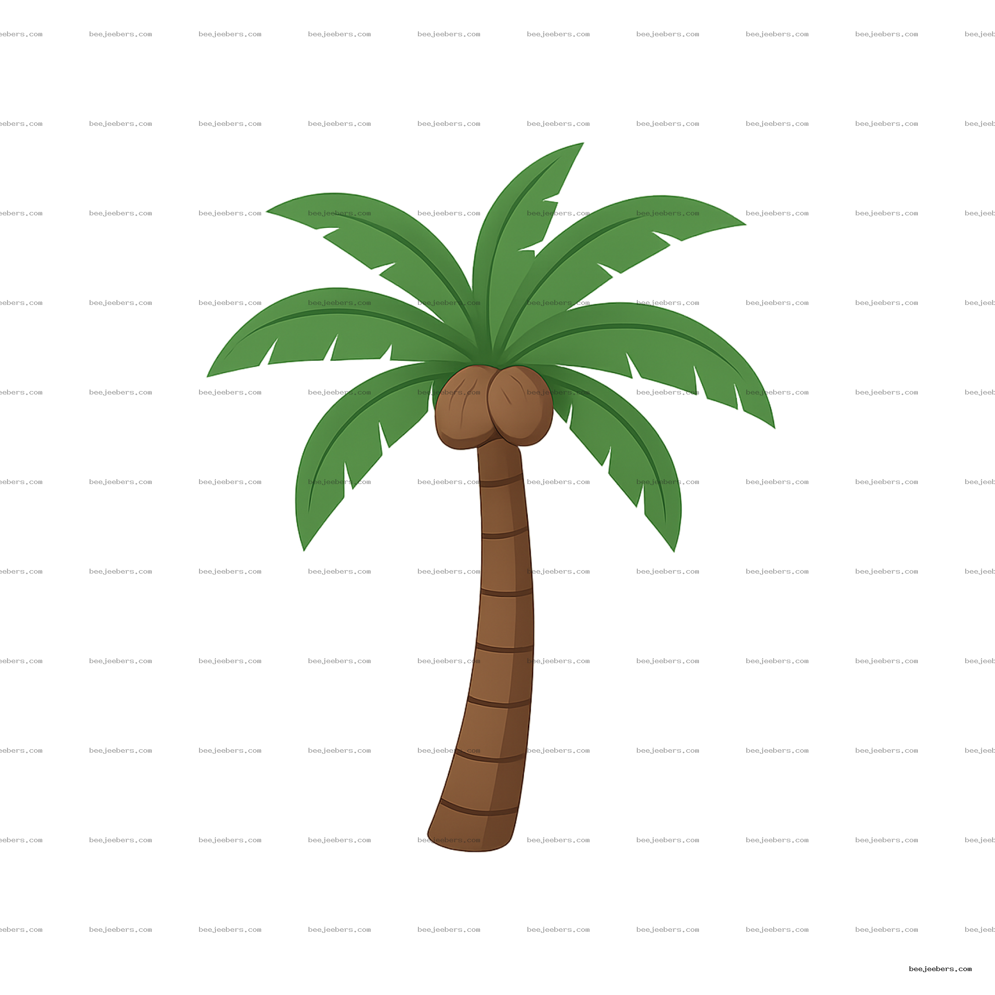 Clean vector coconut tree clipart with green leaves and brown coconuts on transparent background