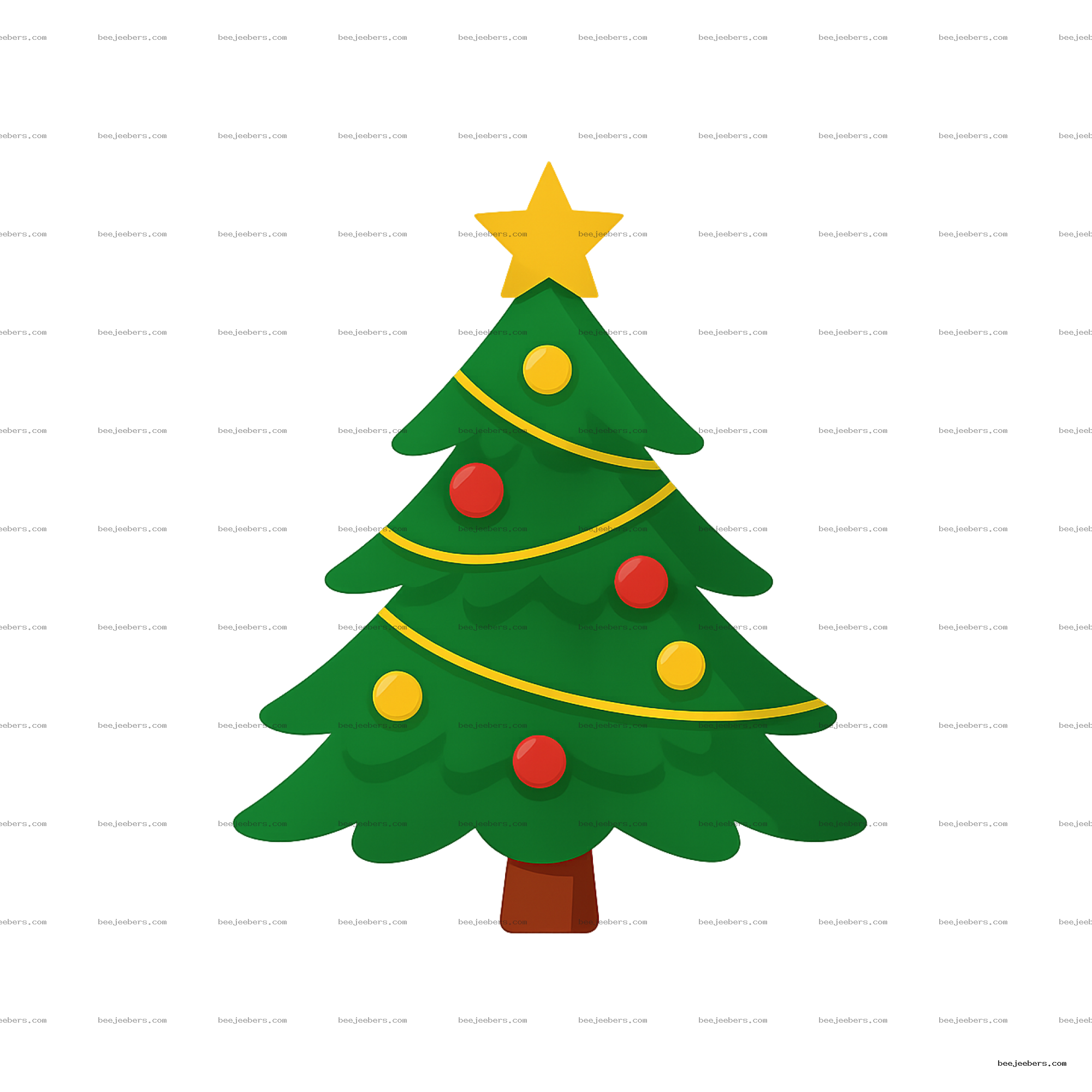 Vector Christmas tree decorated with yellow star, yellow and red ornaments, and garland on transparent background