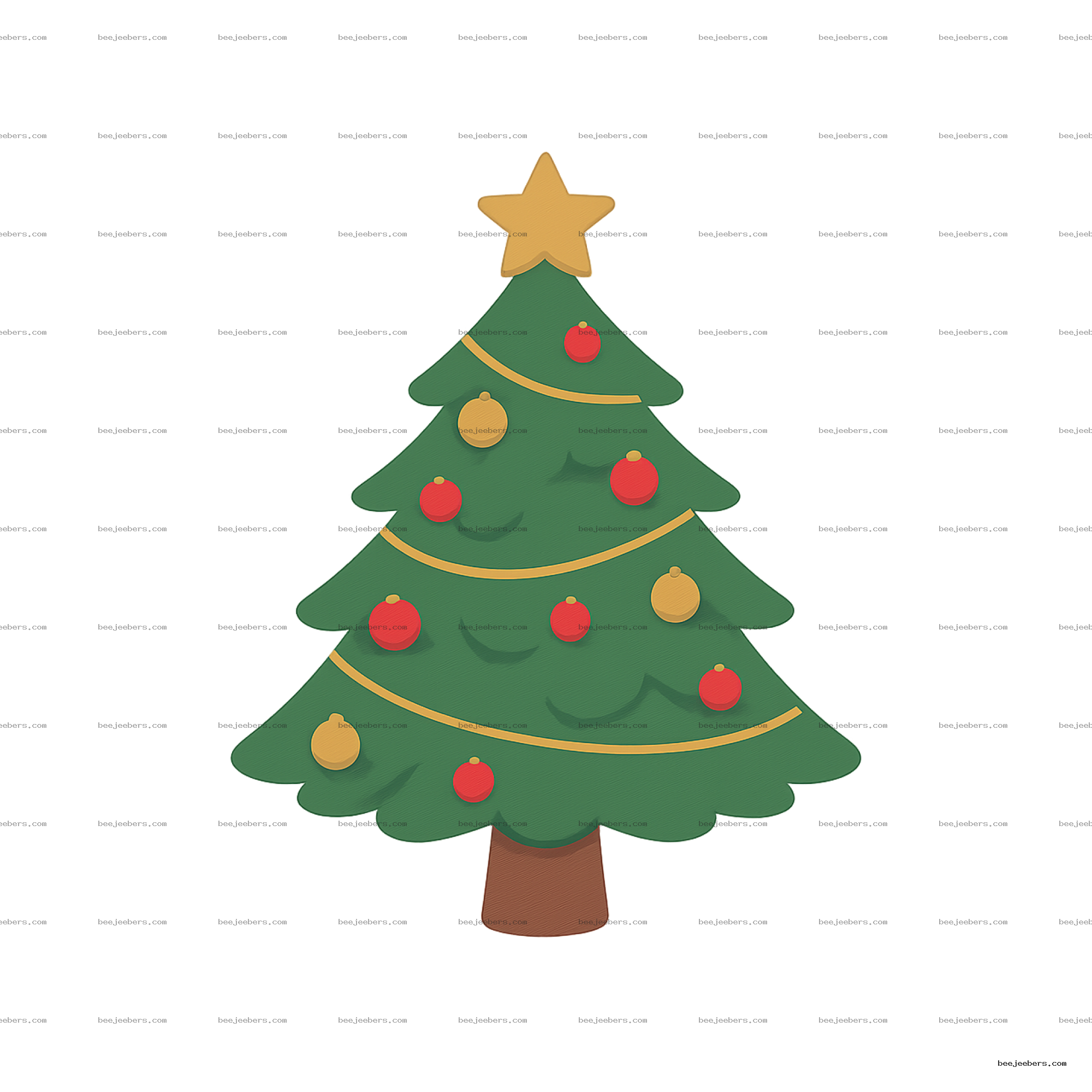 Clean vector Christmas tree PNG with gold star and red and gold ornaments on transparent background