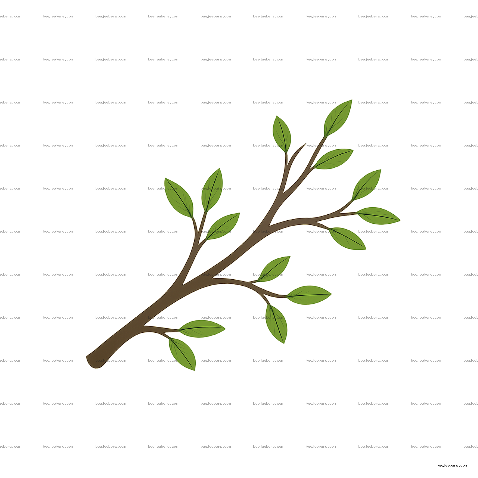 Vector illustration of a brown tree branch with green leaves on transparent background